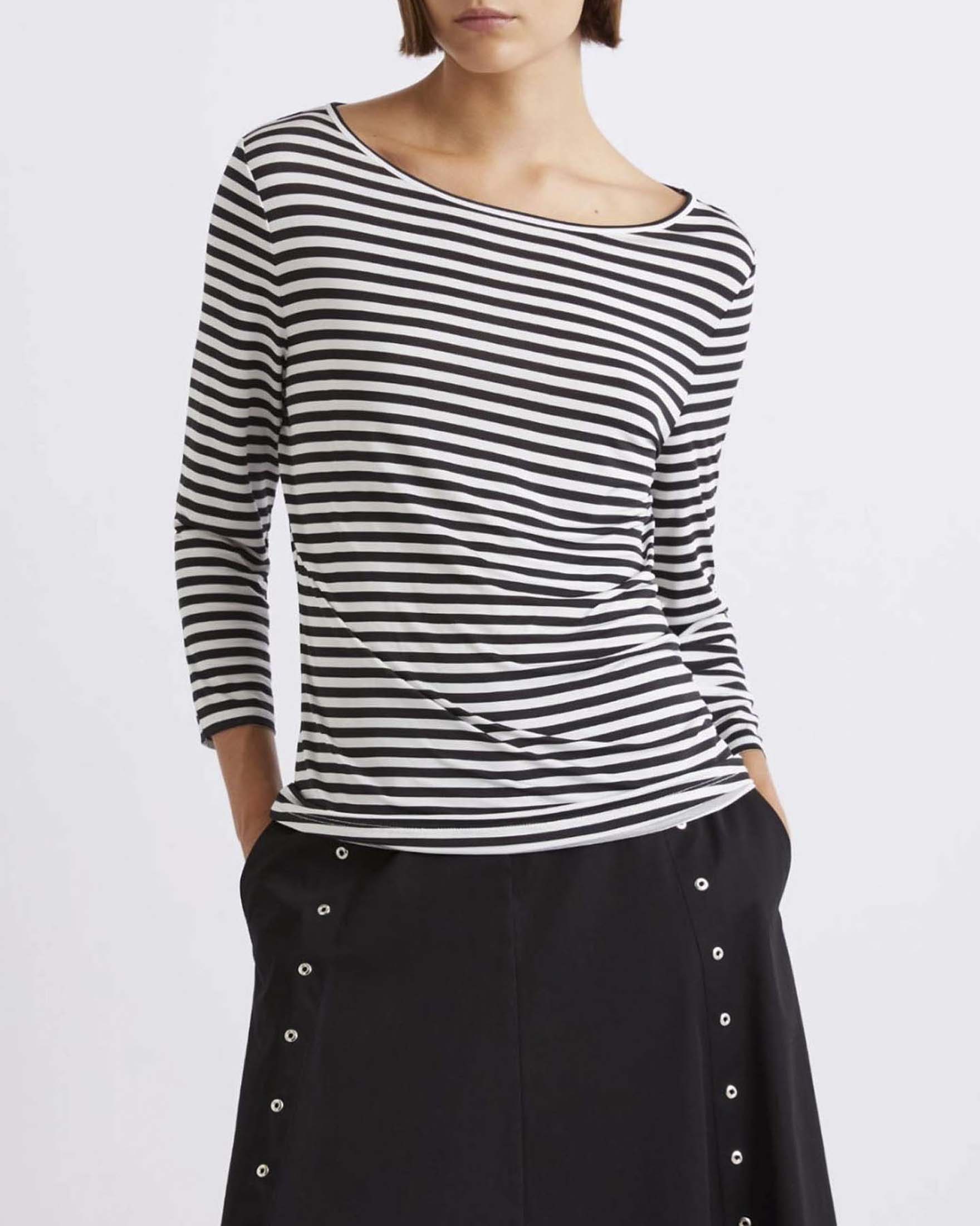 Maglia a righe bianche e blu Sport in viscosa stretch con scollo ampio e maniche a tre quarti