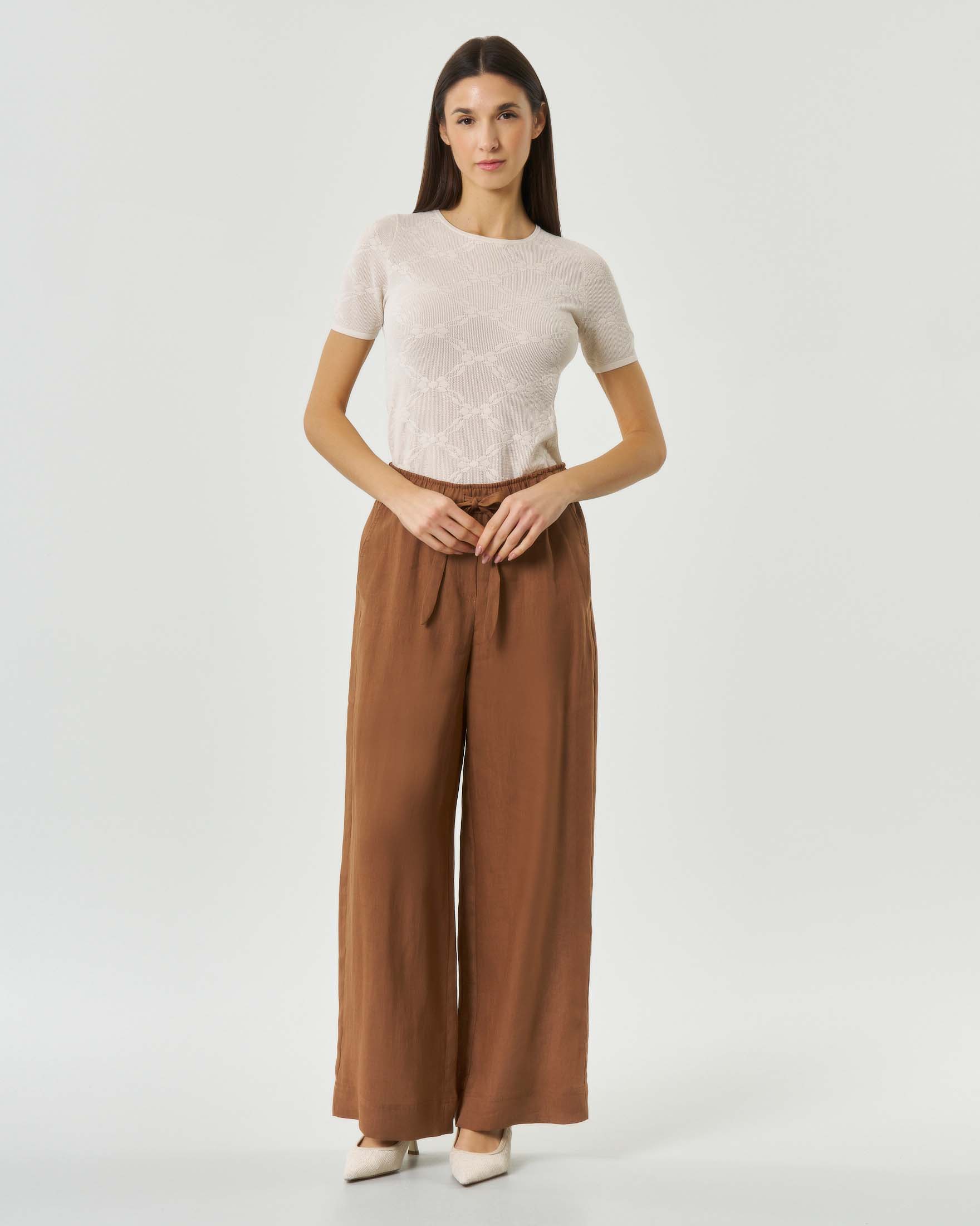Pantaloni palazzo color coccio Sport in puro lino con vita elsticizzata