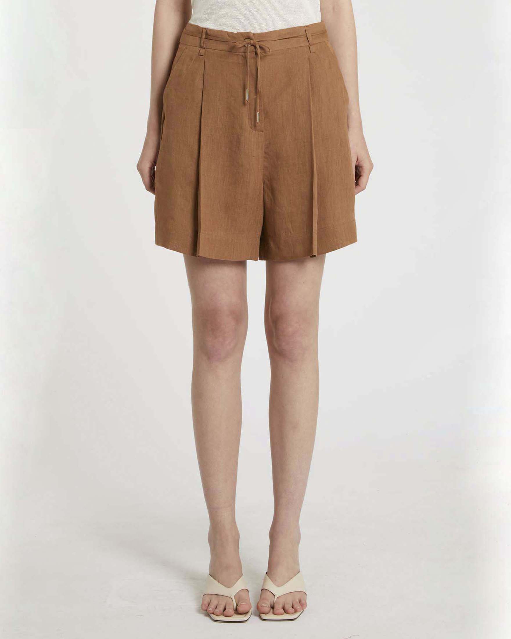Bermuda color cuoio Marella Sport in puro lino con coulisse regolabile in vita