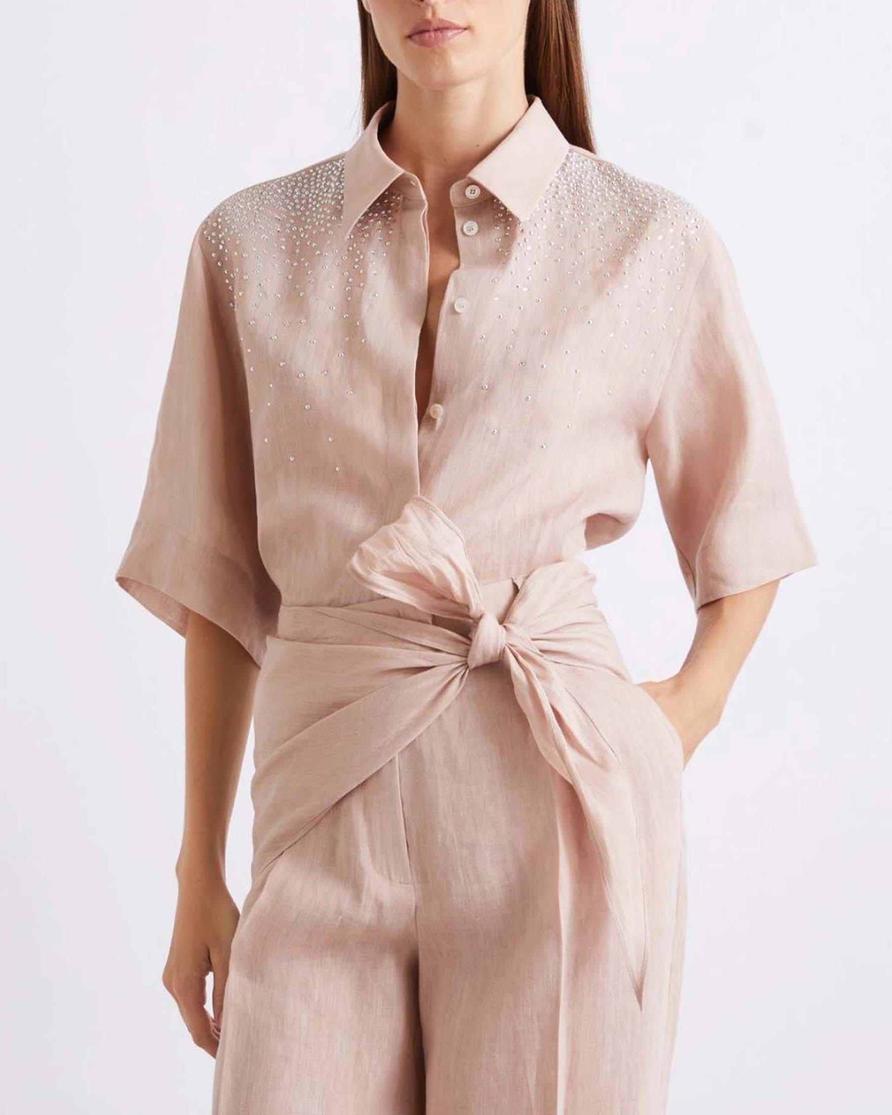 Camicia a maniche corte color cipria Sport in puro lino con decorazione di strass davanti