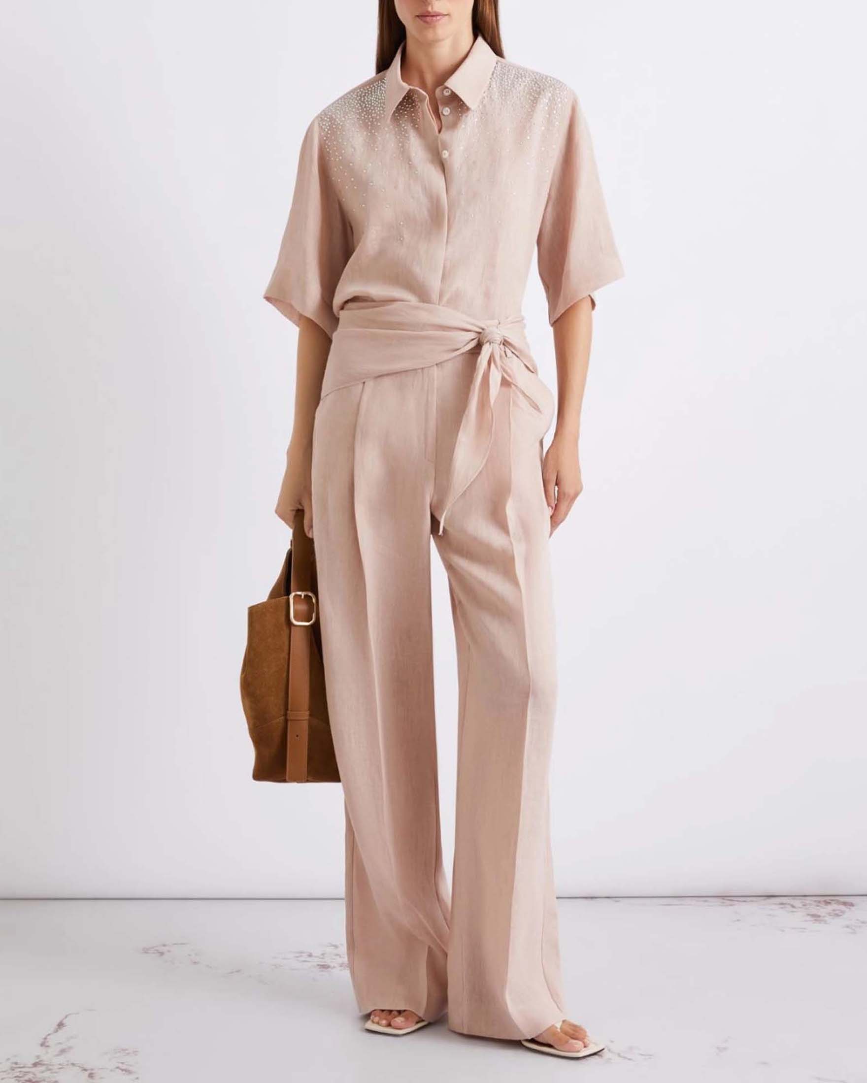 Camicia a maniche corte color cipria Marella Sport in puro lino con decorazione di strass davanti image