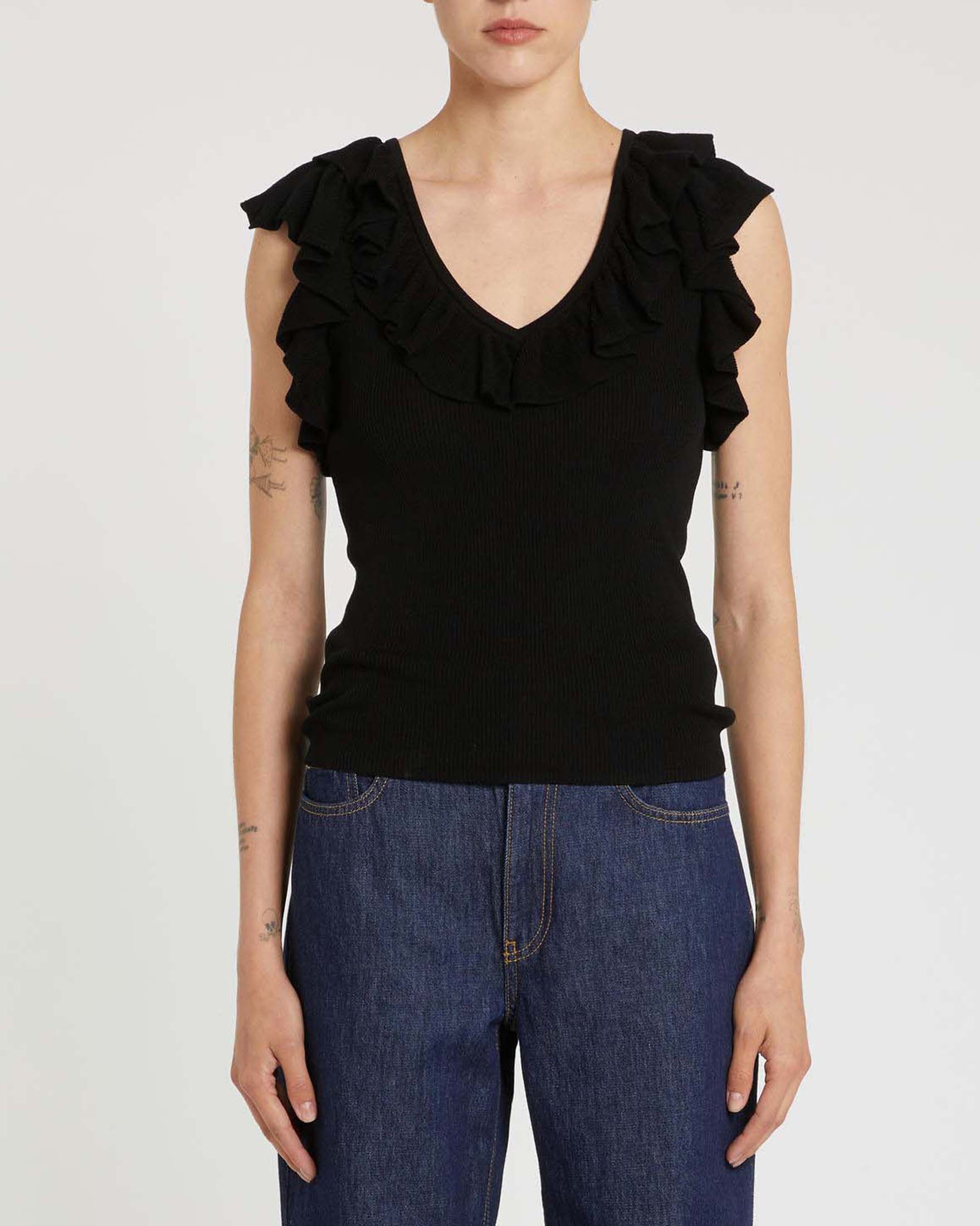 Maglia a maniche corte nera Marella Sport con lavorazione a costine e dettagli in rouche