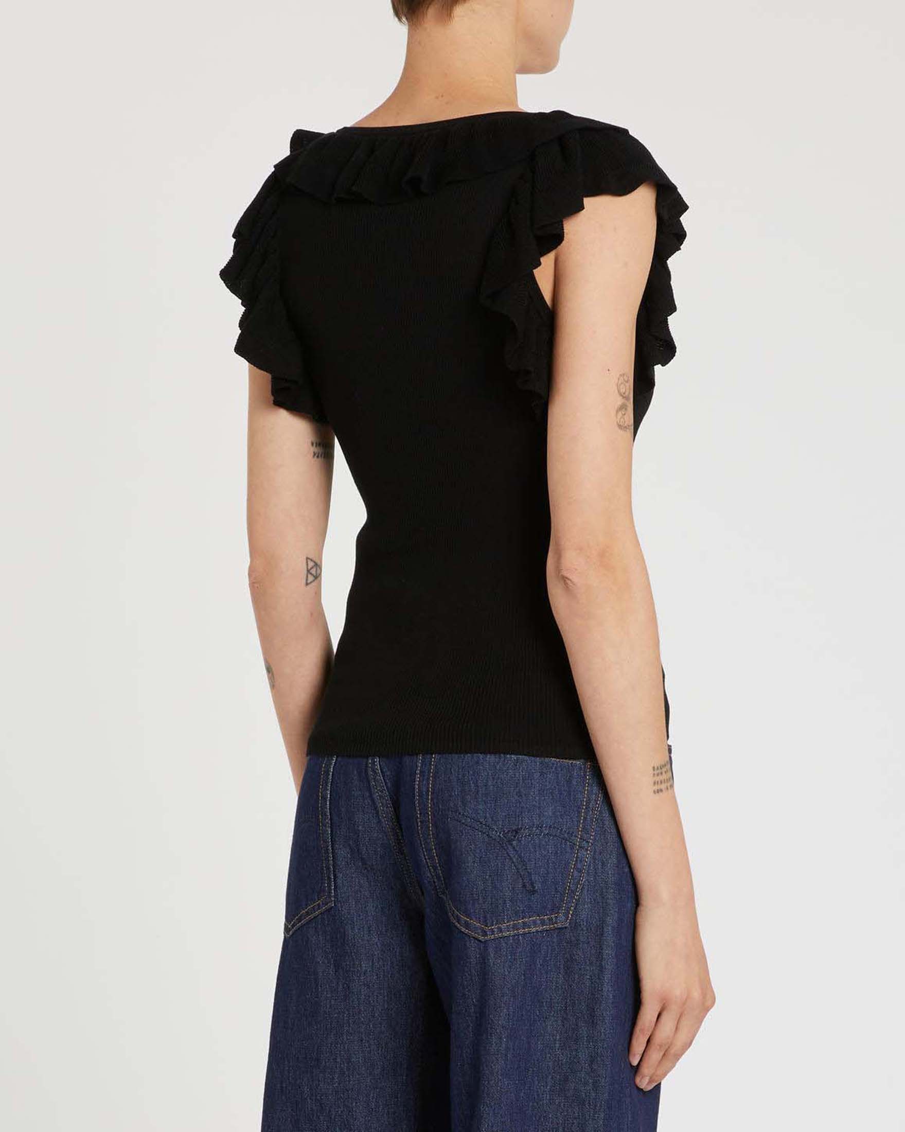 Maglia a maniche corte nera Marella Sport con lavorazione a costine e dettagli in rouche image