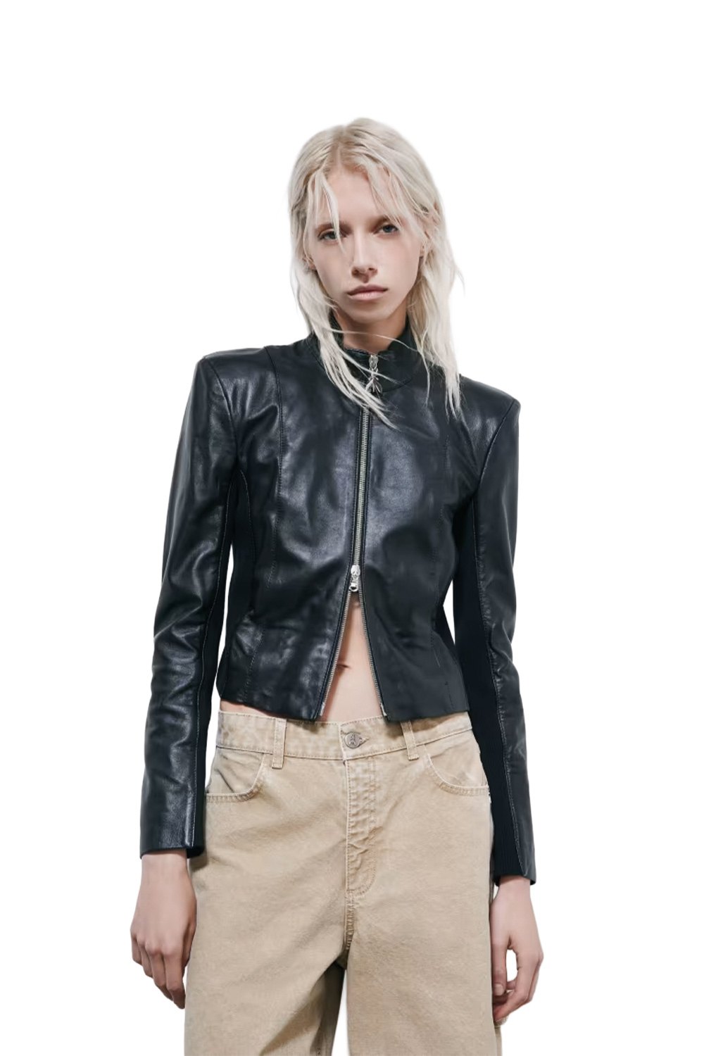 Giacca Biker in Pelle con Inserti in Maglia