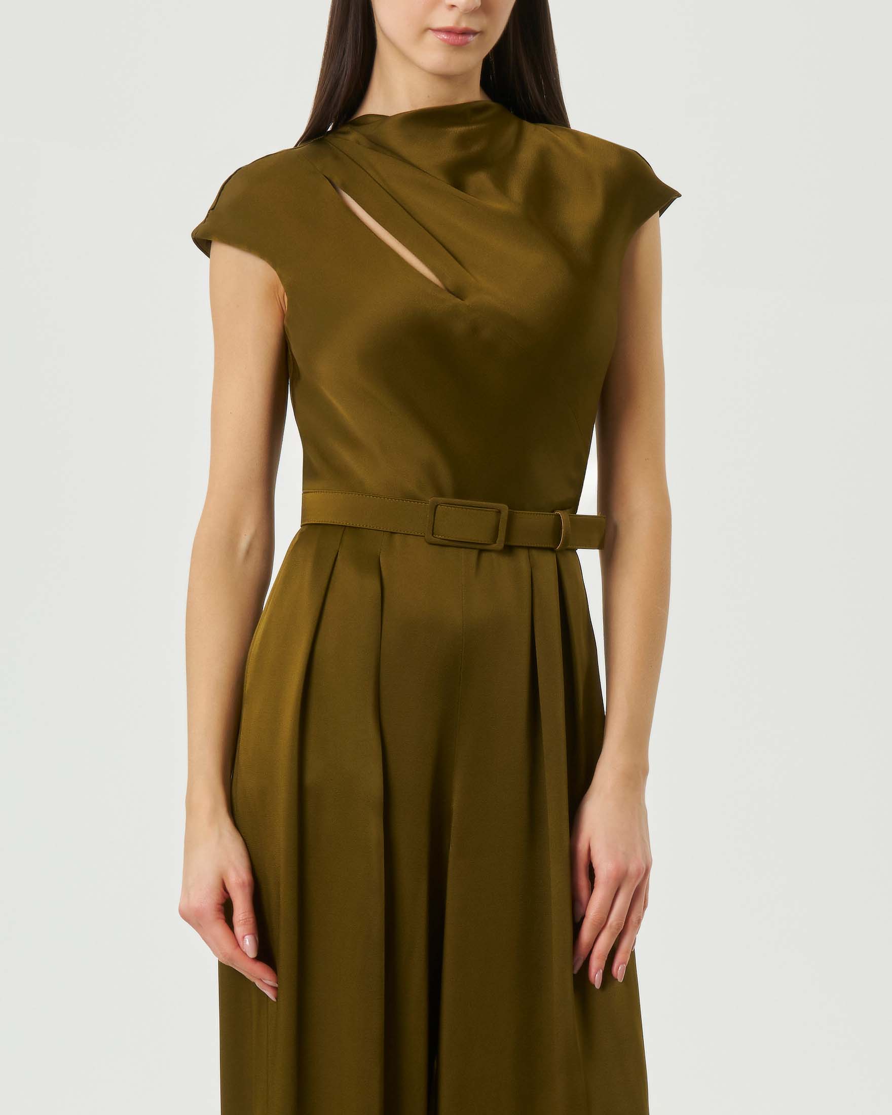 Tuta color olio a maniche corte Max Mara Studio in envers satin con corpetto drappeggiato image