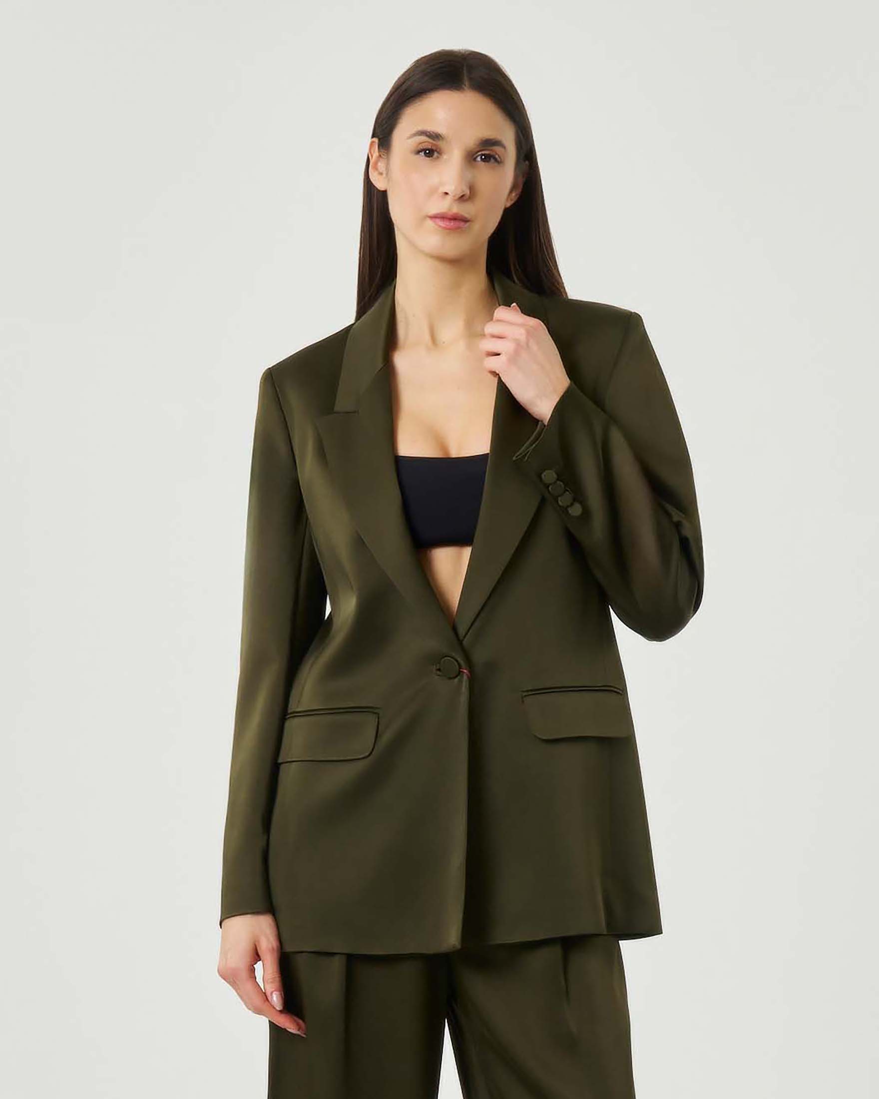 Blazer verde militare monopetto Max Mara Studio in envers satin con tasche a filetto con patta