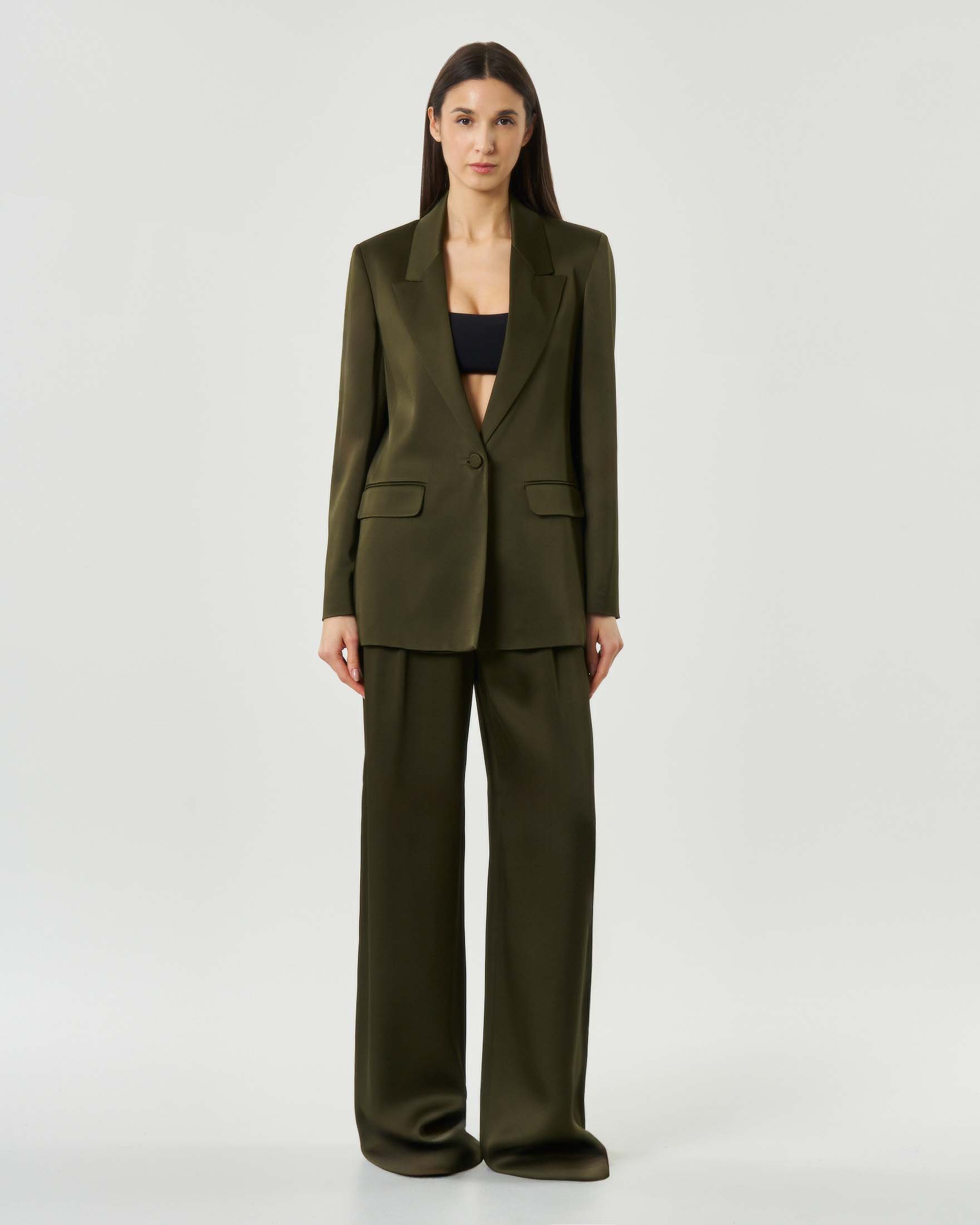 Pantalone a palazzo verde militare Max Mara Studio in envers satin con pince in vita