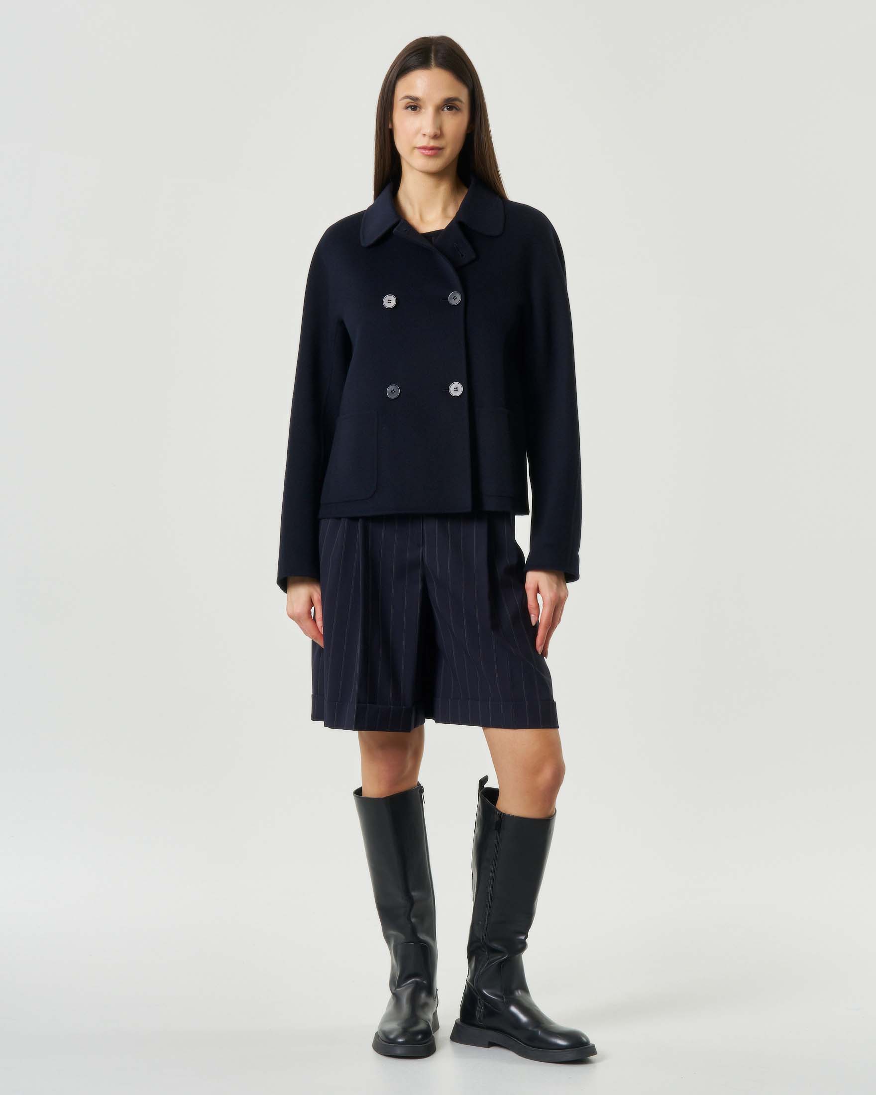 Giacca boxy doppiopetto blu Studio in lana cachemire e seta con collo a camicia