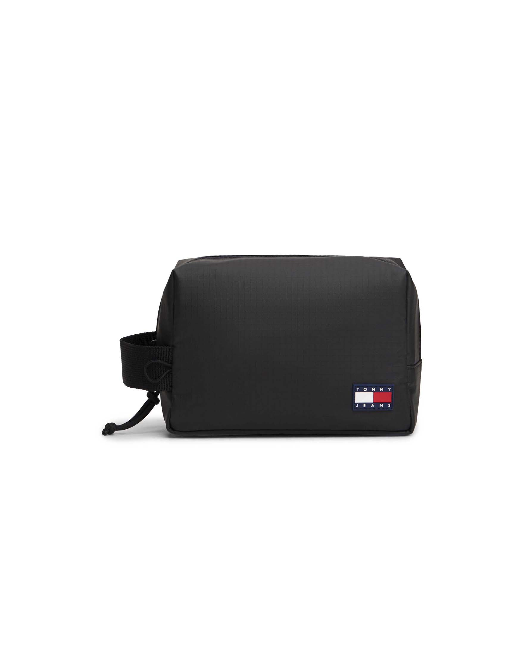 Tommy Jeans — Beauty case Tommy Jeans nero in tessuto ripstop con patch logo bandiera