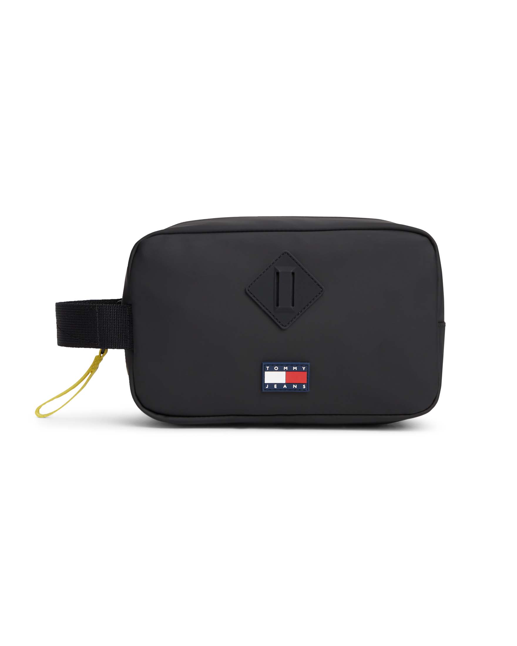 Borsa beauty Tommy Jeans nera in similpelle con logo applicato e manico laterale