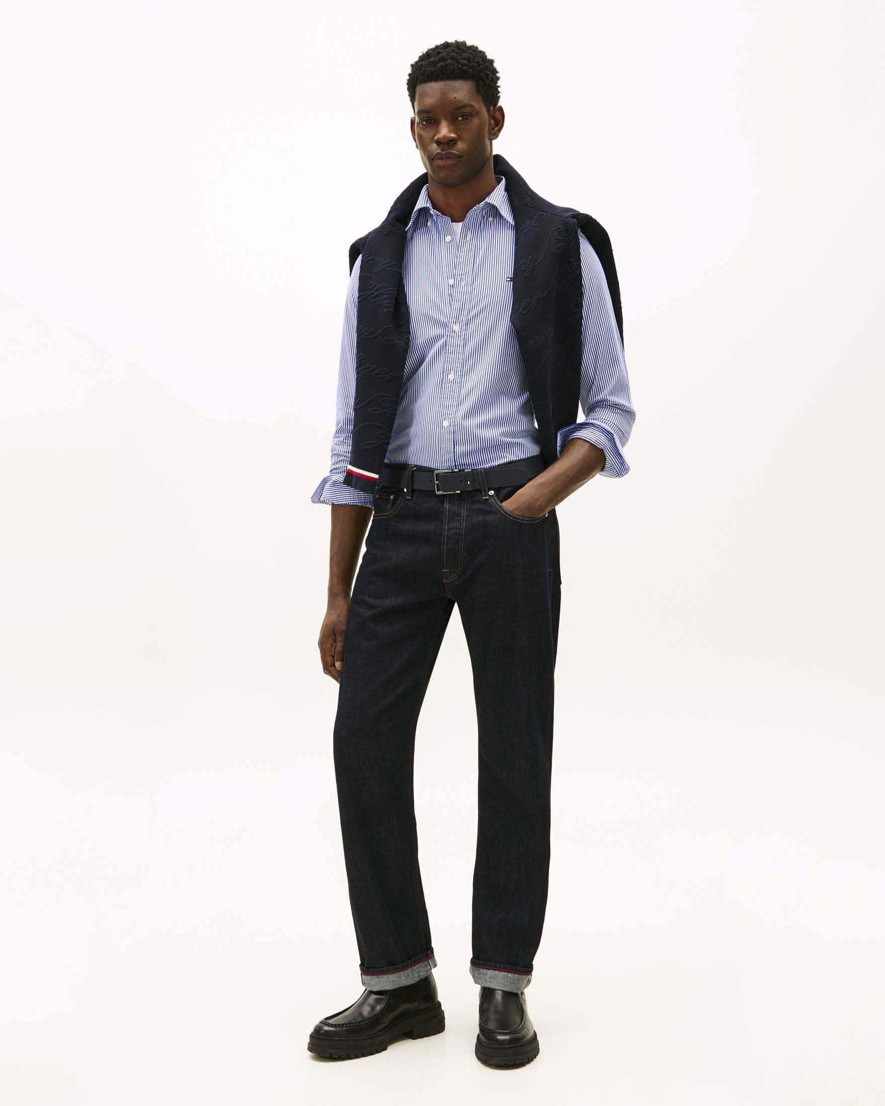 Camicia manica lunga azzurra in cotone con righe e logo ricamato