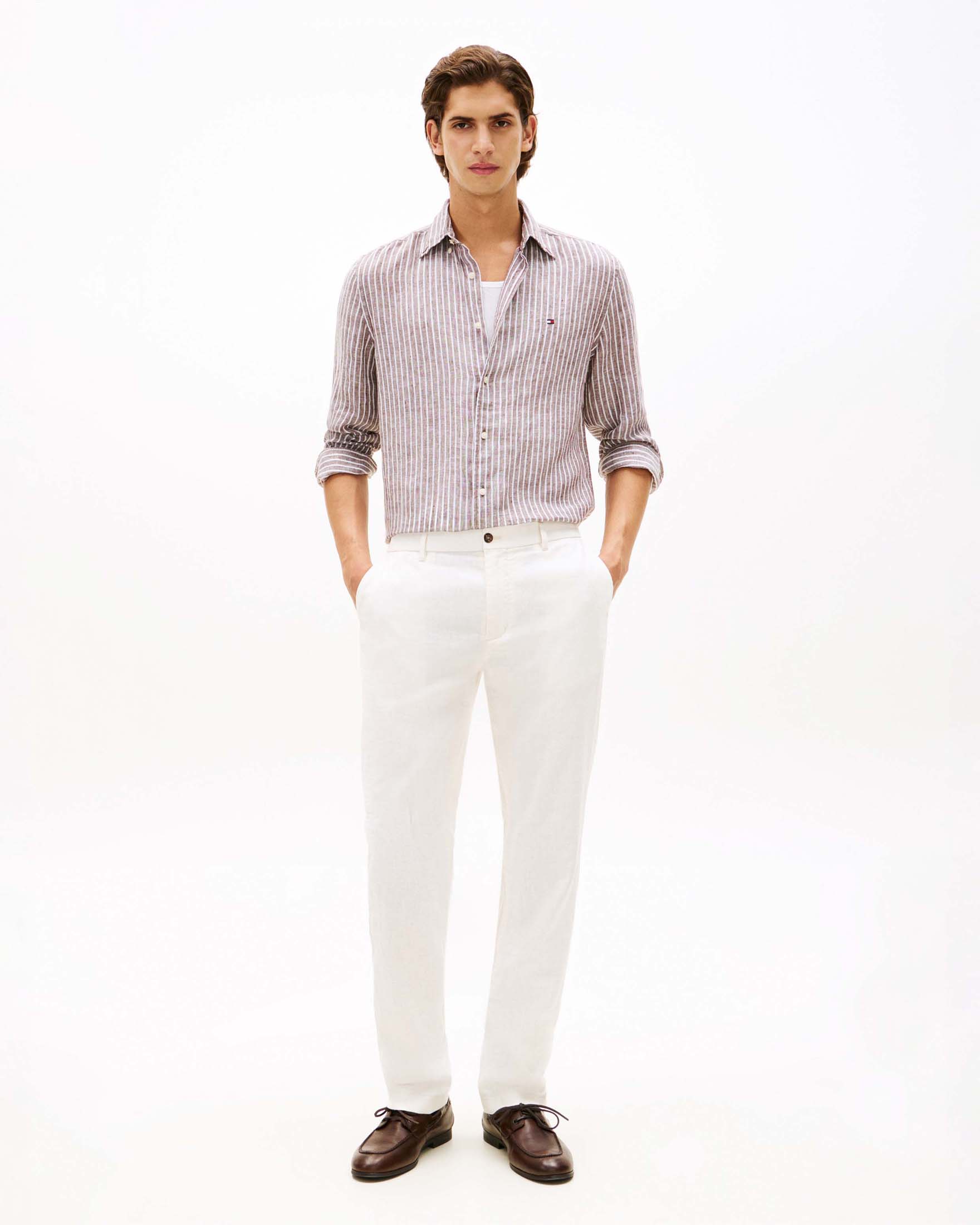 Camicia manica lunga noce in lino con righe e logo ricamato