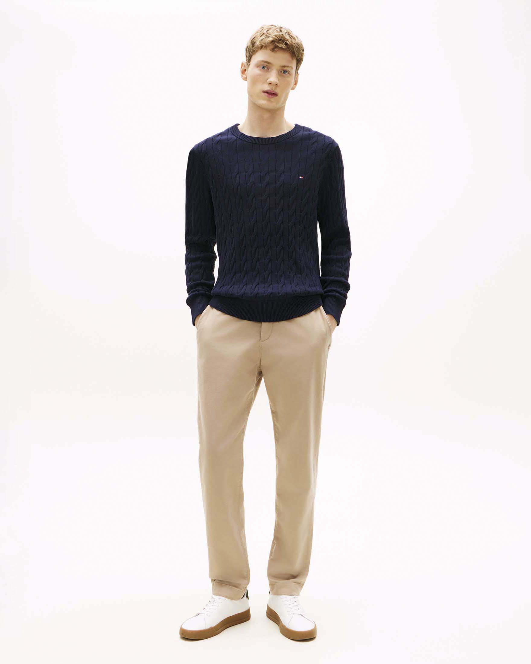 Maglione girocollo blu navy in cotone a trecce con logo flag