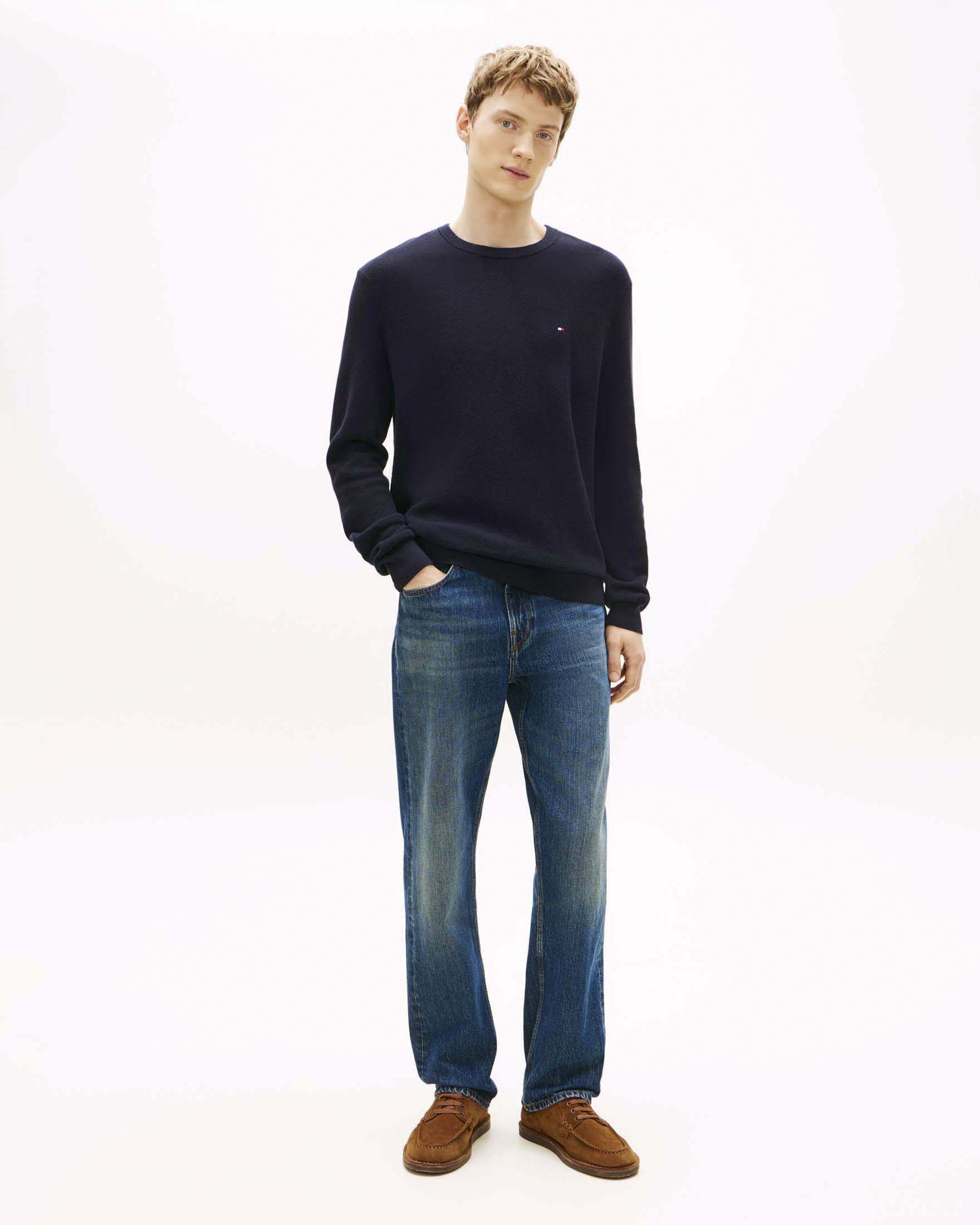 Maglia girocollo Tommy Hilfiger blu in cotone con logo ricamato