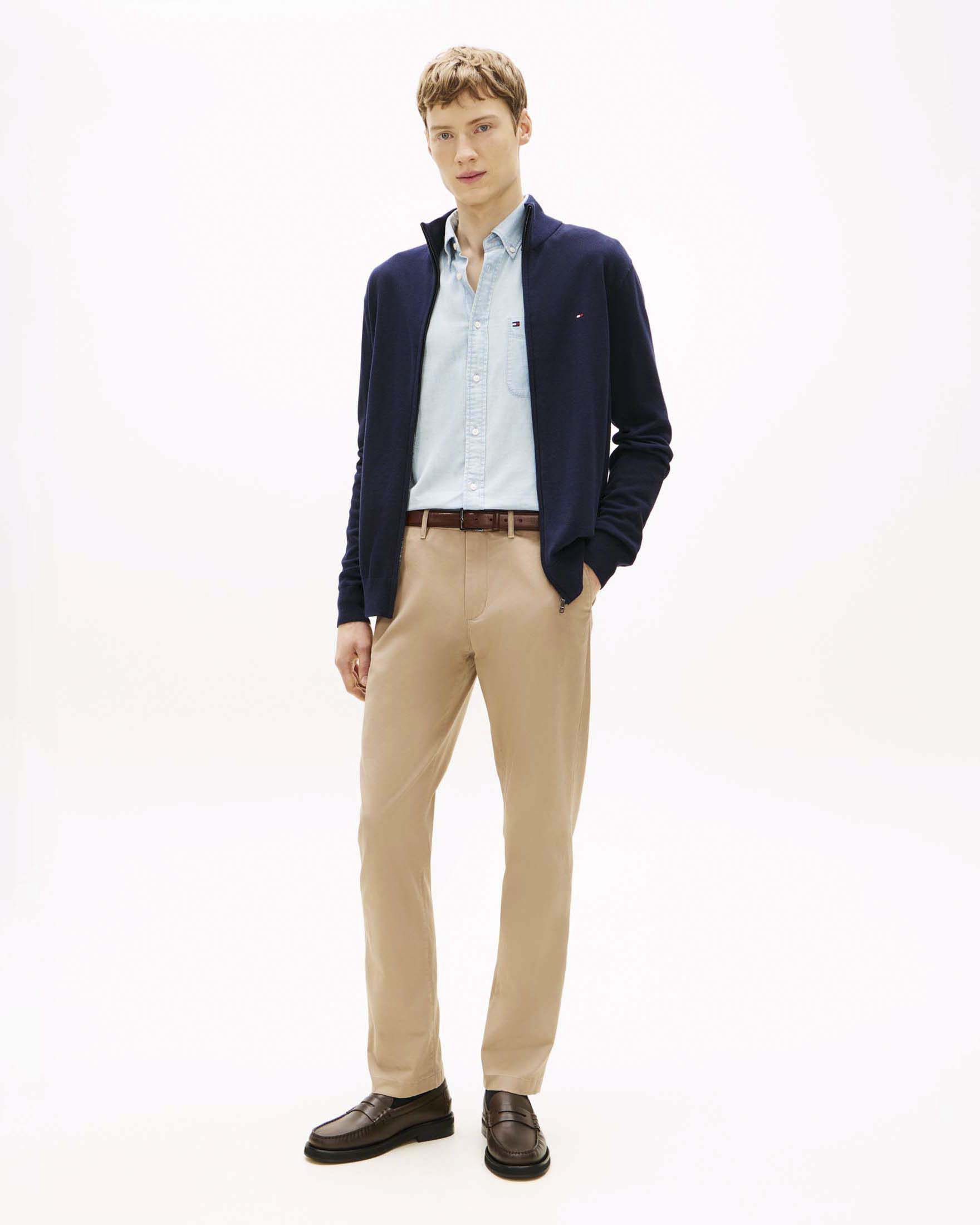 Cardigan Tommy Hilfiger blu con zip in cotone e logo bandiera ricamato sul petto