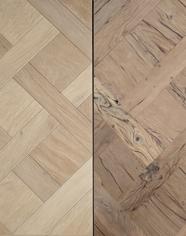 parquet a disegno in legno rovere nuovo a confronto con rovere antico 