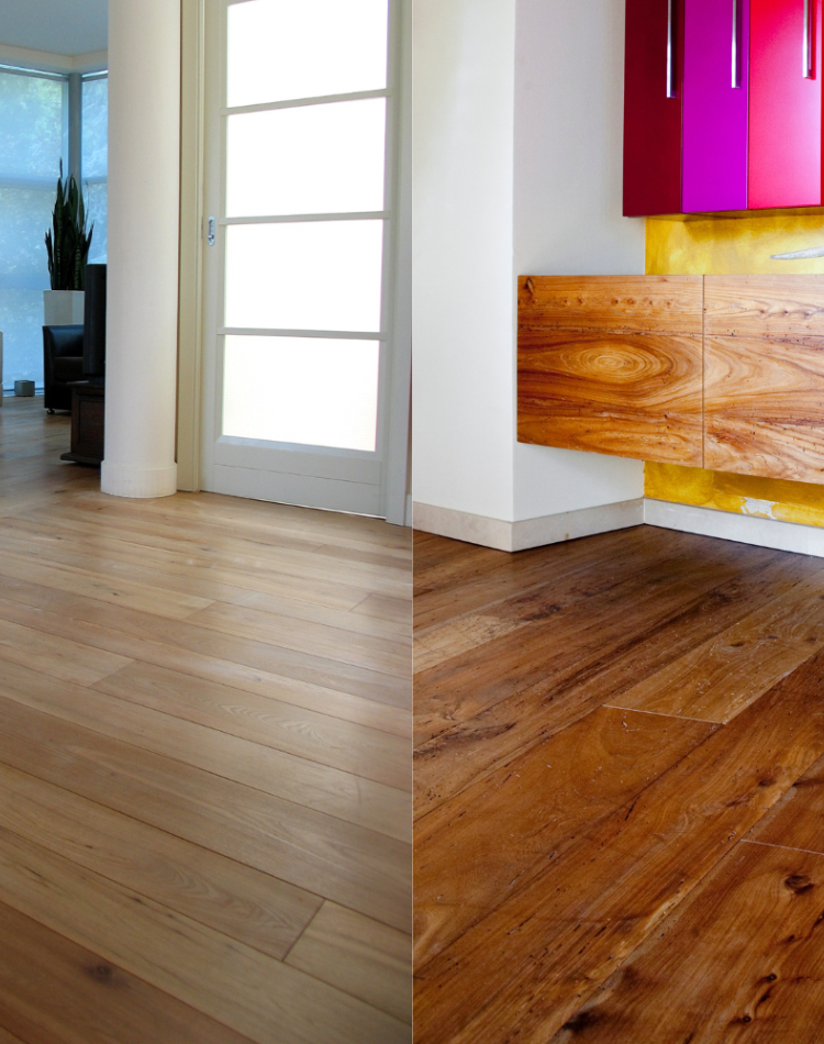 Pavimento in legno olmo nuovo a confronto con pavimento in legno olmo vecchio 