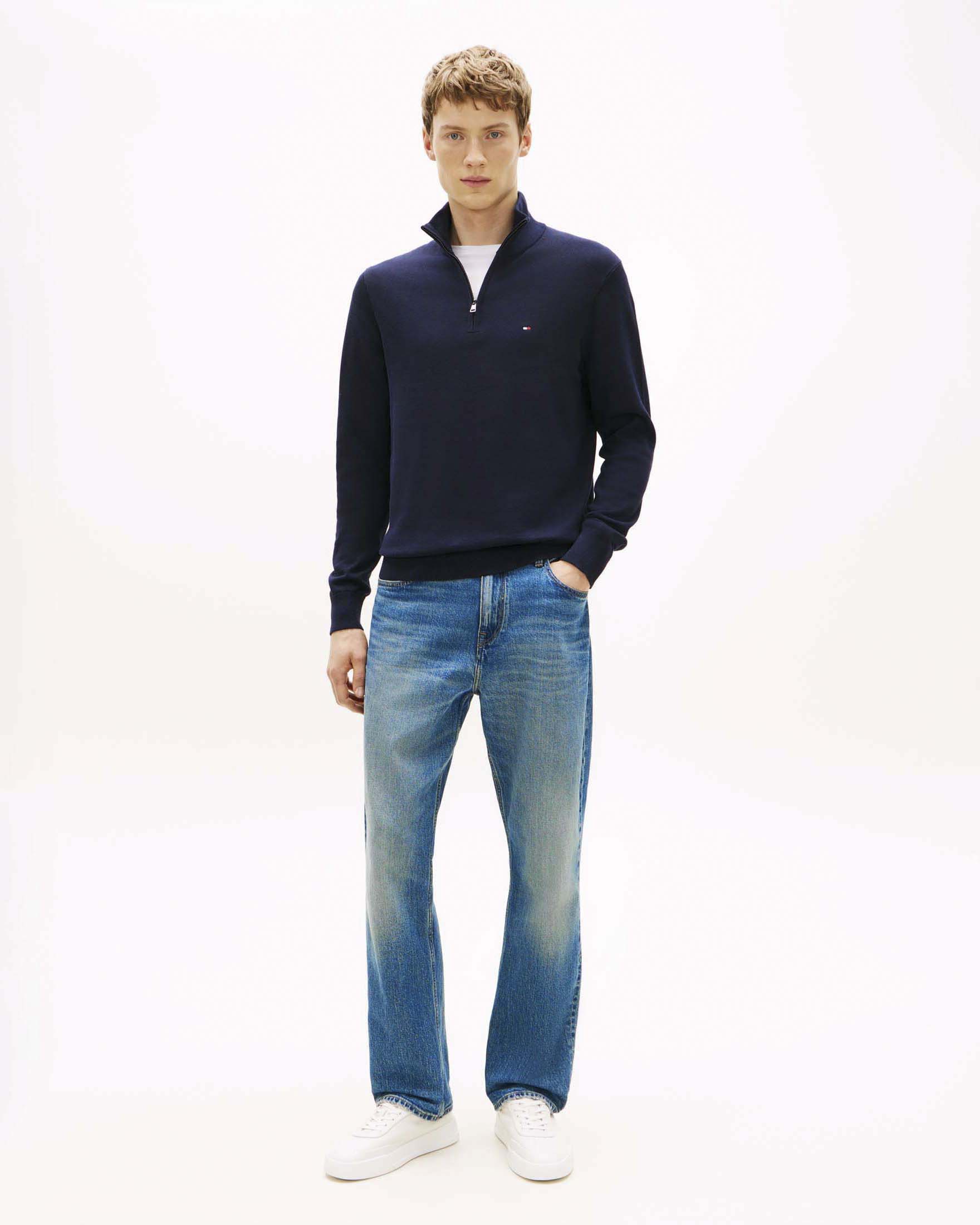 Maglione mezza zip blu scuro in cotone con logo ricamato sul petto