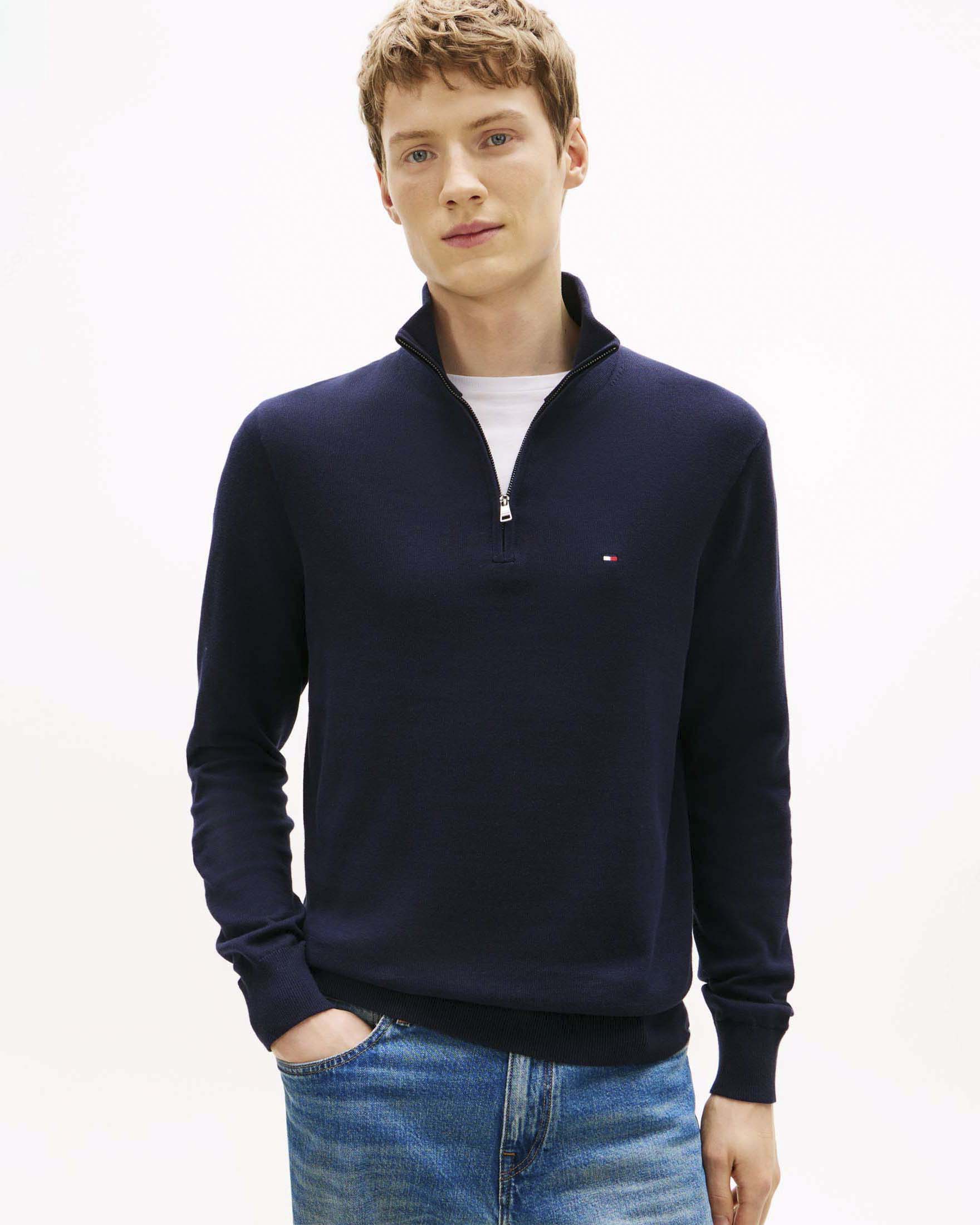 Maglione mezza zip Tommy Hilfiger blu scuro in cotone con logo ricamato sul petto image