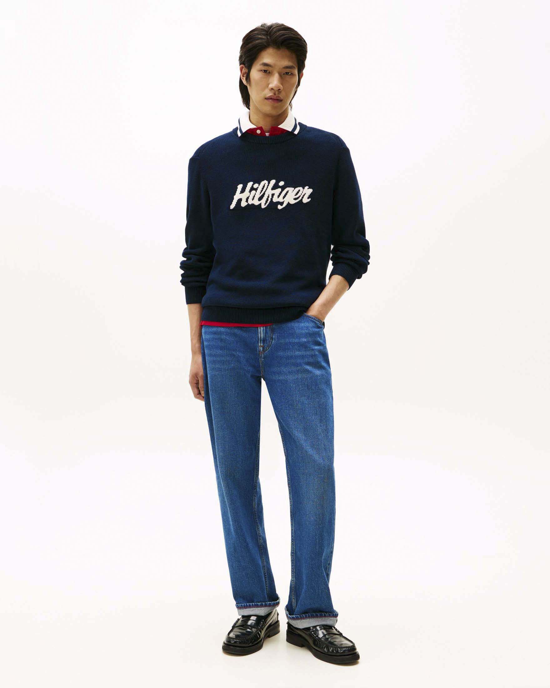 Maglia girocollo blu scuro in cotone con logo jacquard ricamato