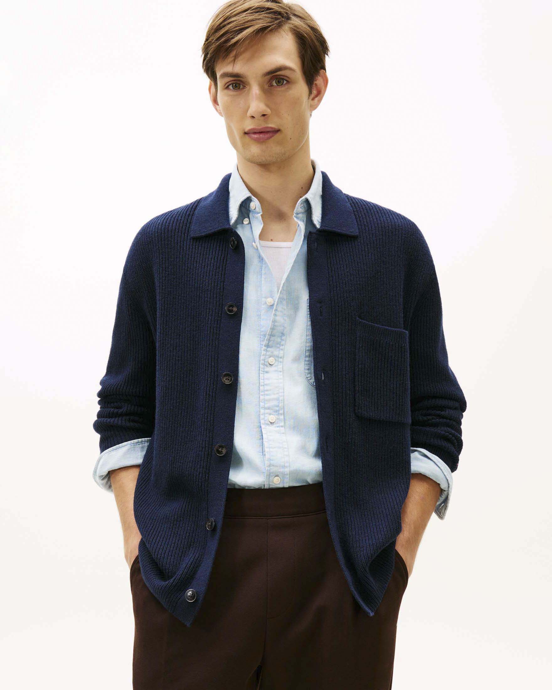 Cardigan Tommy Hilfiger blu scuro in misto coone e lana con lavorazione a coste e bottoni image
