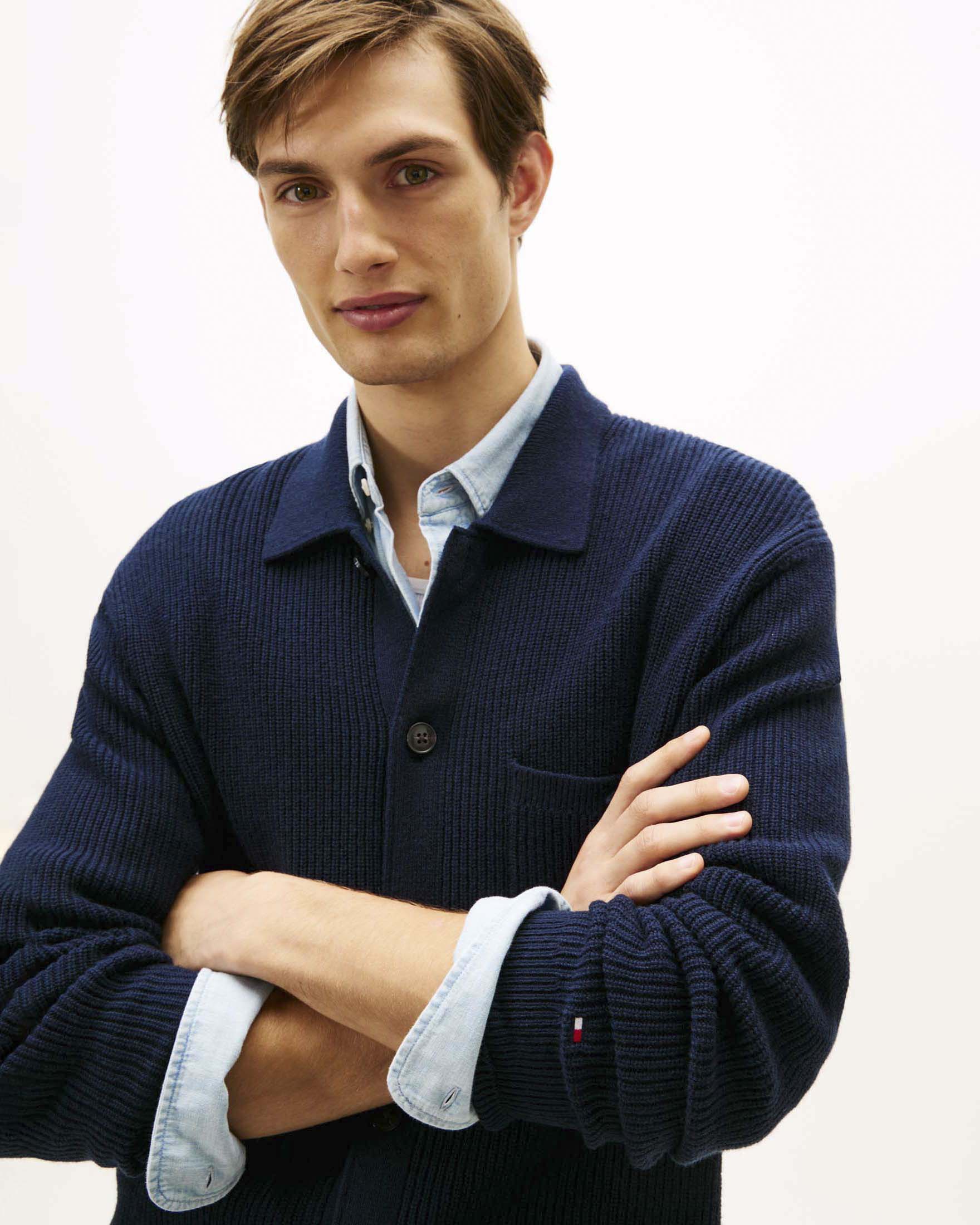 Cardigan Tommy Hilfiger blu scuro in misto coone e lana con lavorazione a coste e bottoni