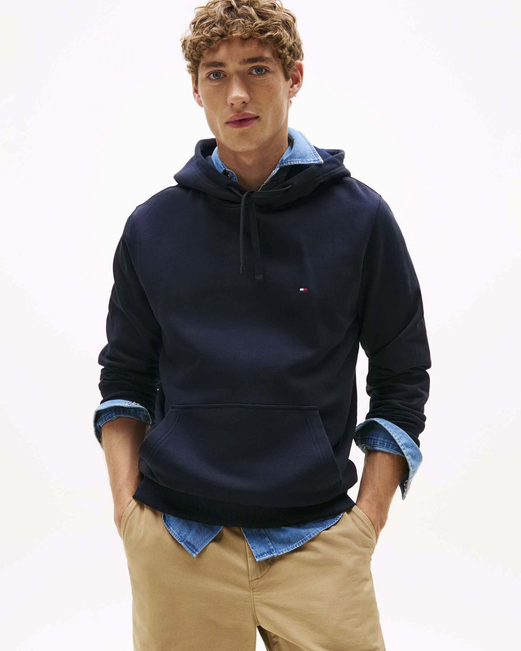 Felpa con cappuccio Tommy Hilfiger blu in cotone con logo bandierina ricamato image