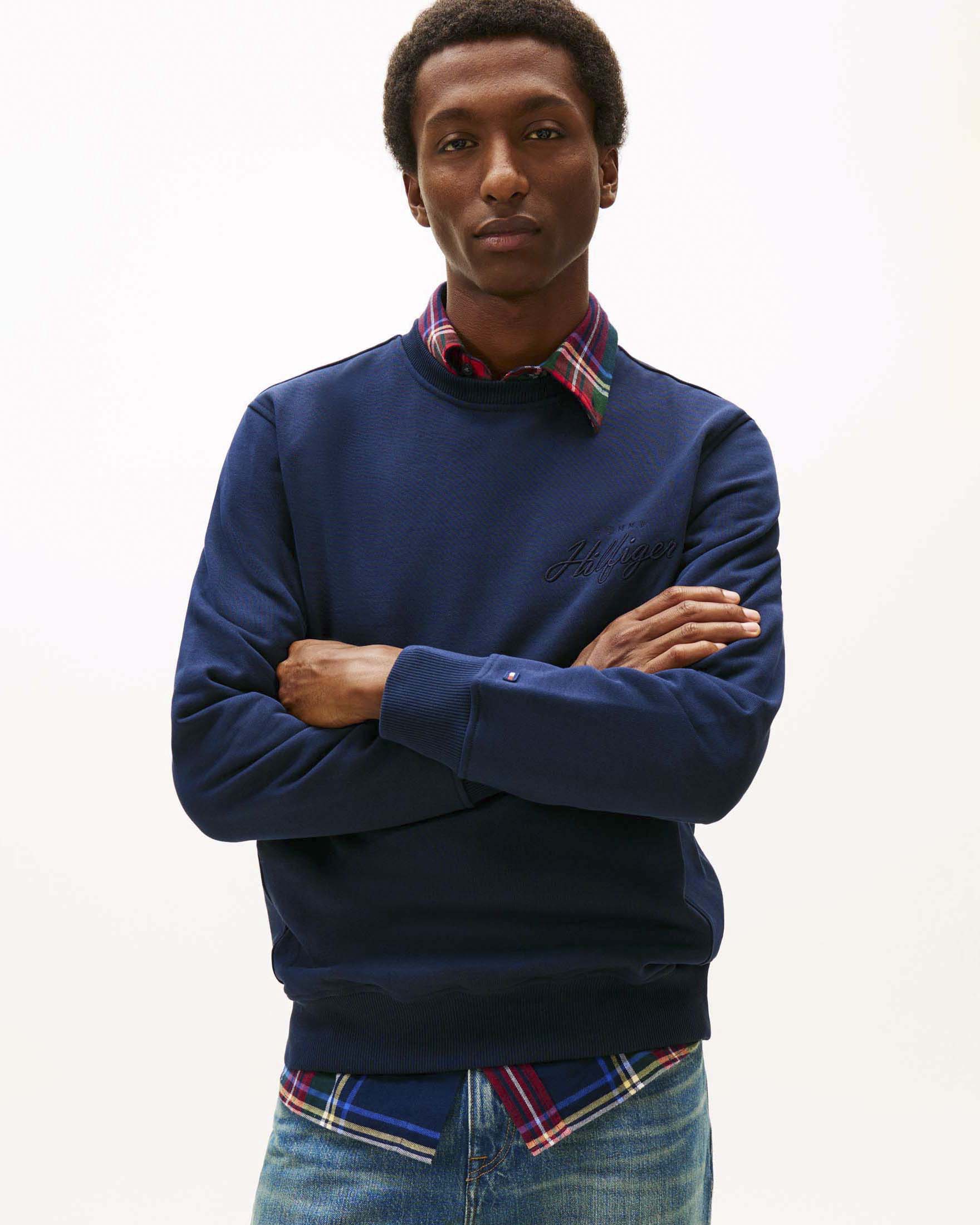 Maglia girocollo Tommy Hilfiger blu in cotone con logo ricamato sul petto image