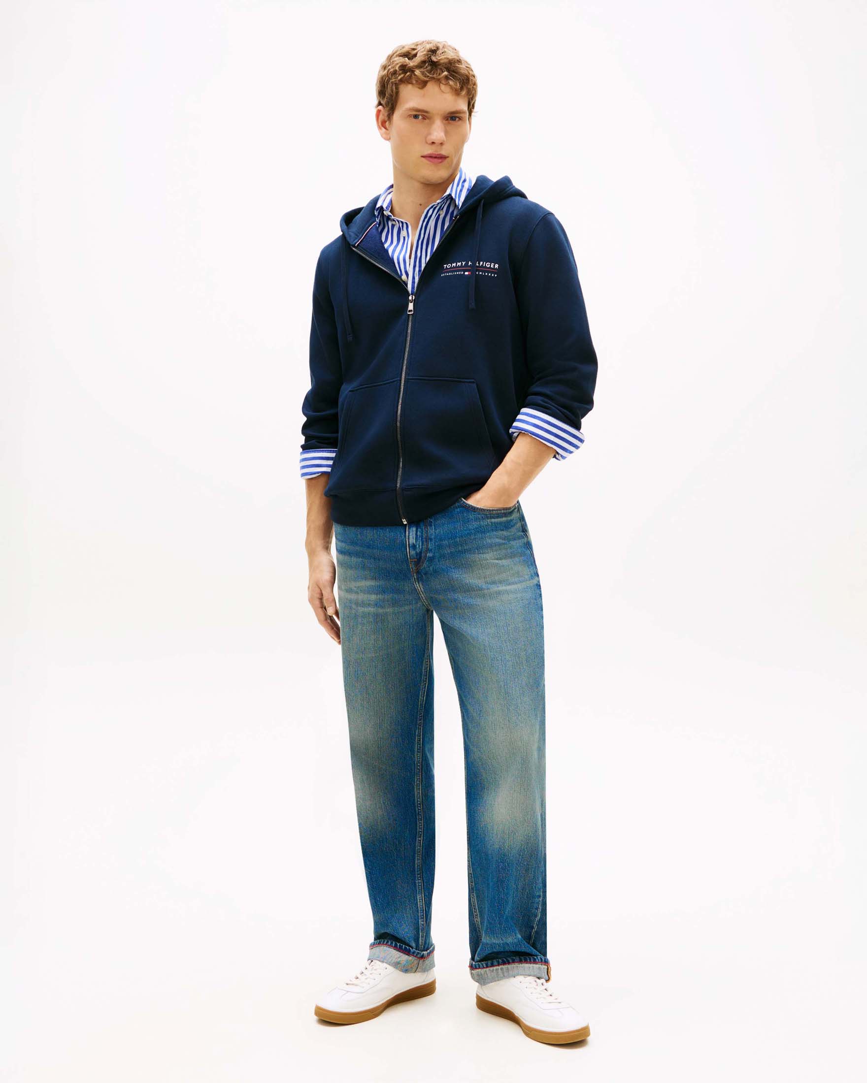 Felpa con cappuccio e zip Tommy Hilfiger blu scuro in cotone con logo ricamato