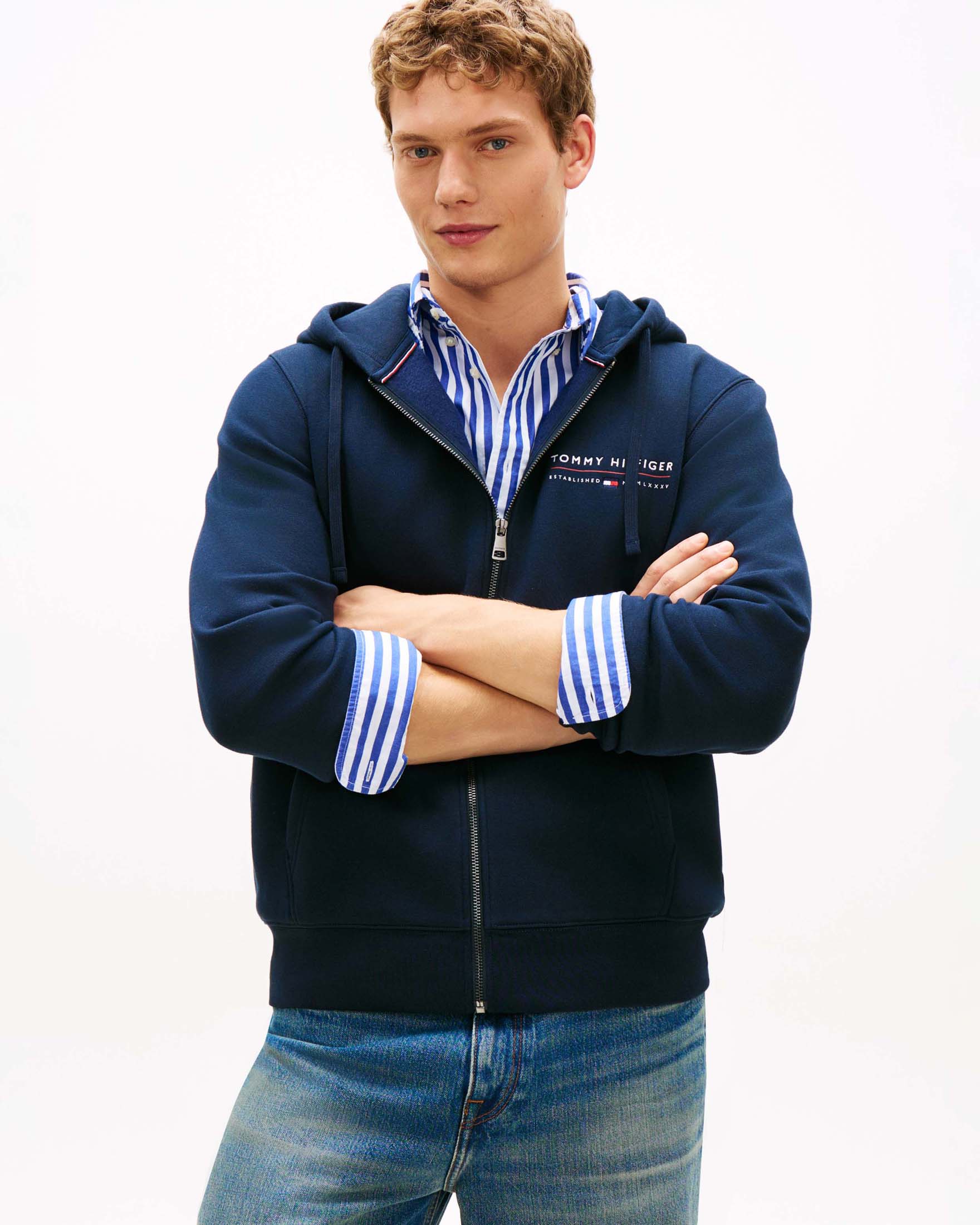 Felpa con cappuccio e zip Tommy Hilfiger blu scuro in cotone con logo ricamato image