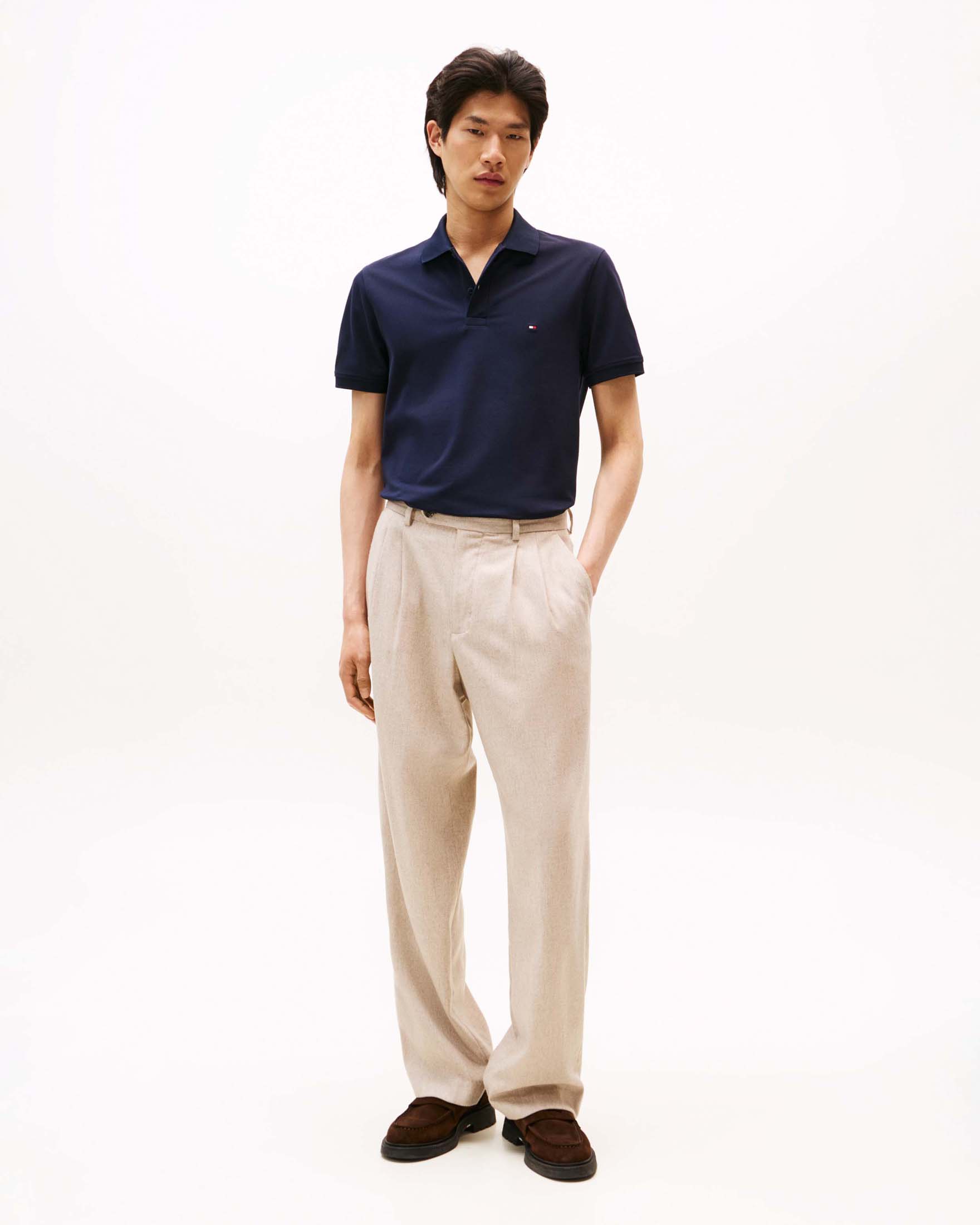 Polo blu scuro in misto cotone piqué stretch con logo ricamato
