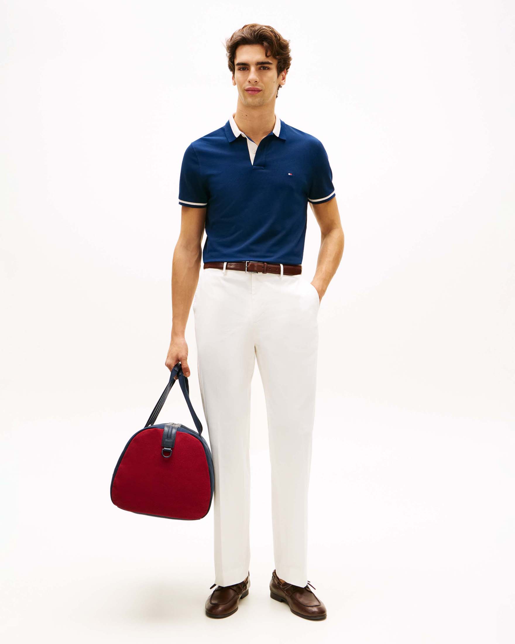 Polo blu con bordino a contrasto in cotone stretch