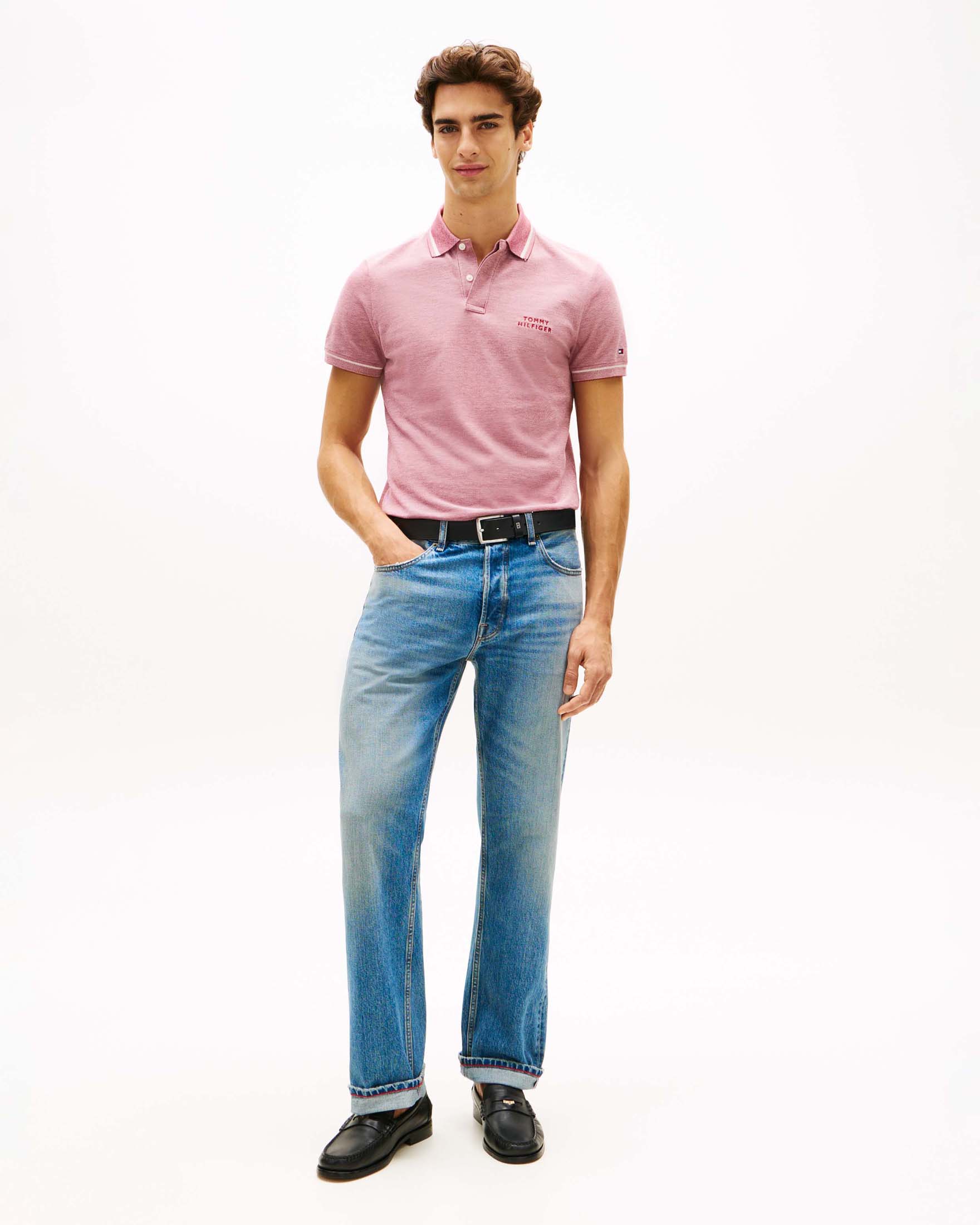 Polo rosa chiaro mélange in cotone con logo ricamato e bordi a contrasto