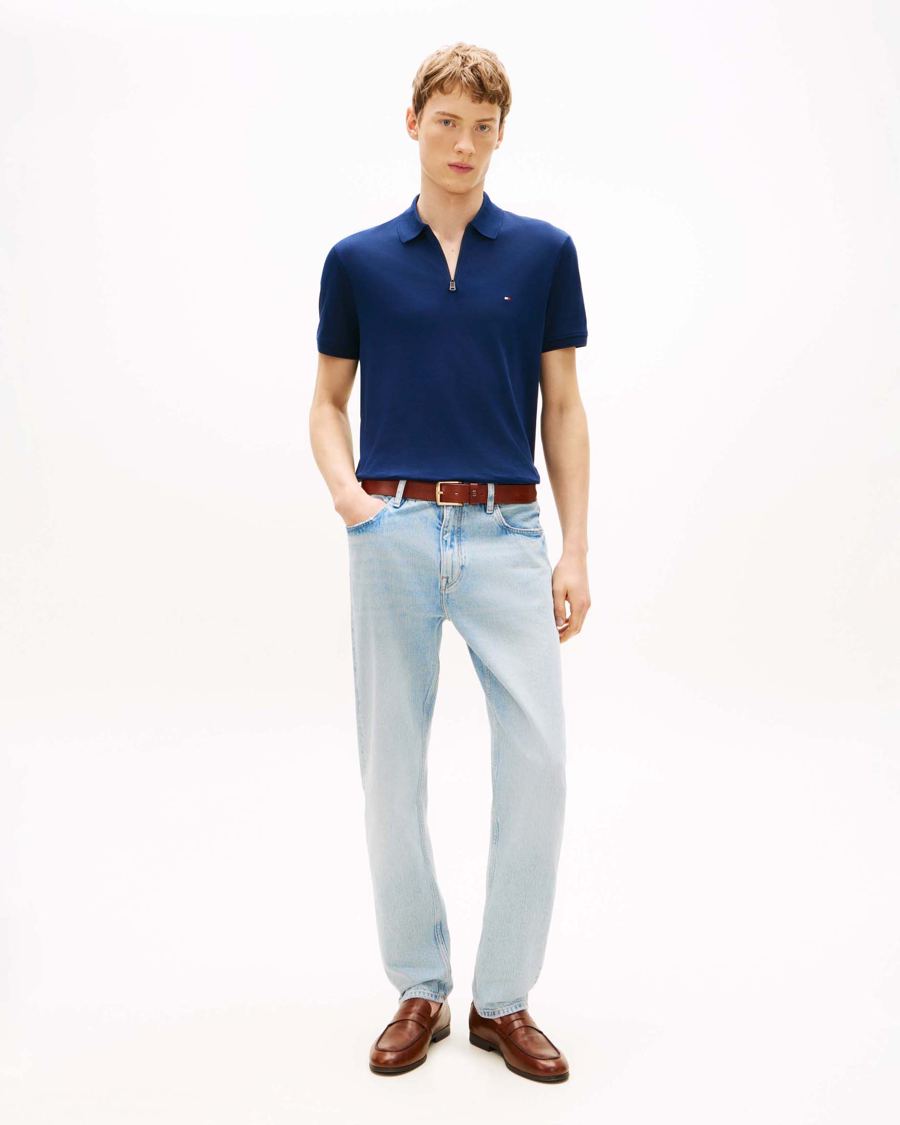 Polo Tommy Hilfiger blu navy in cotone con zip e logo ricamato sul petto