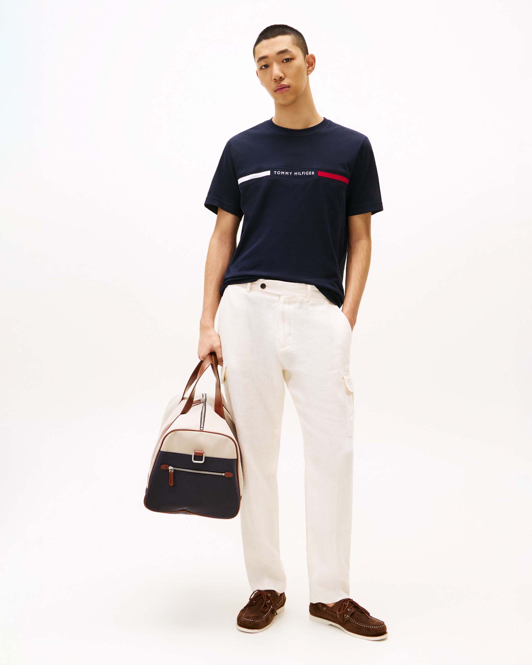 T-shirt navy in cotone con banda e logo