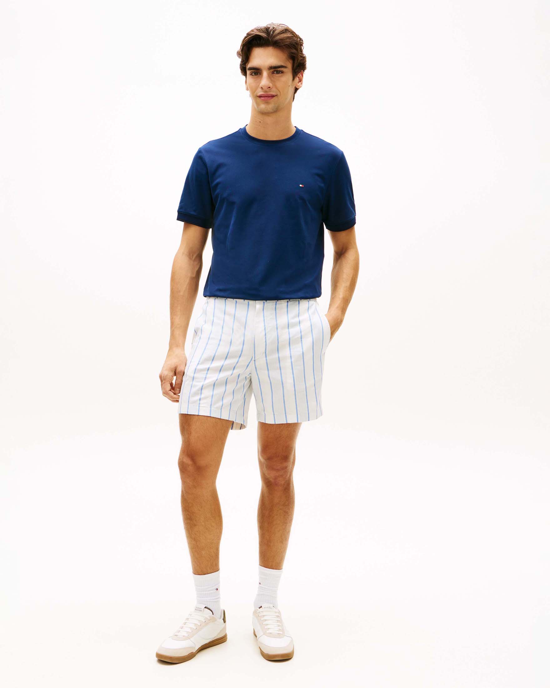 T-shirt mezza manica blu in misto cotone con logo ricamato