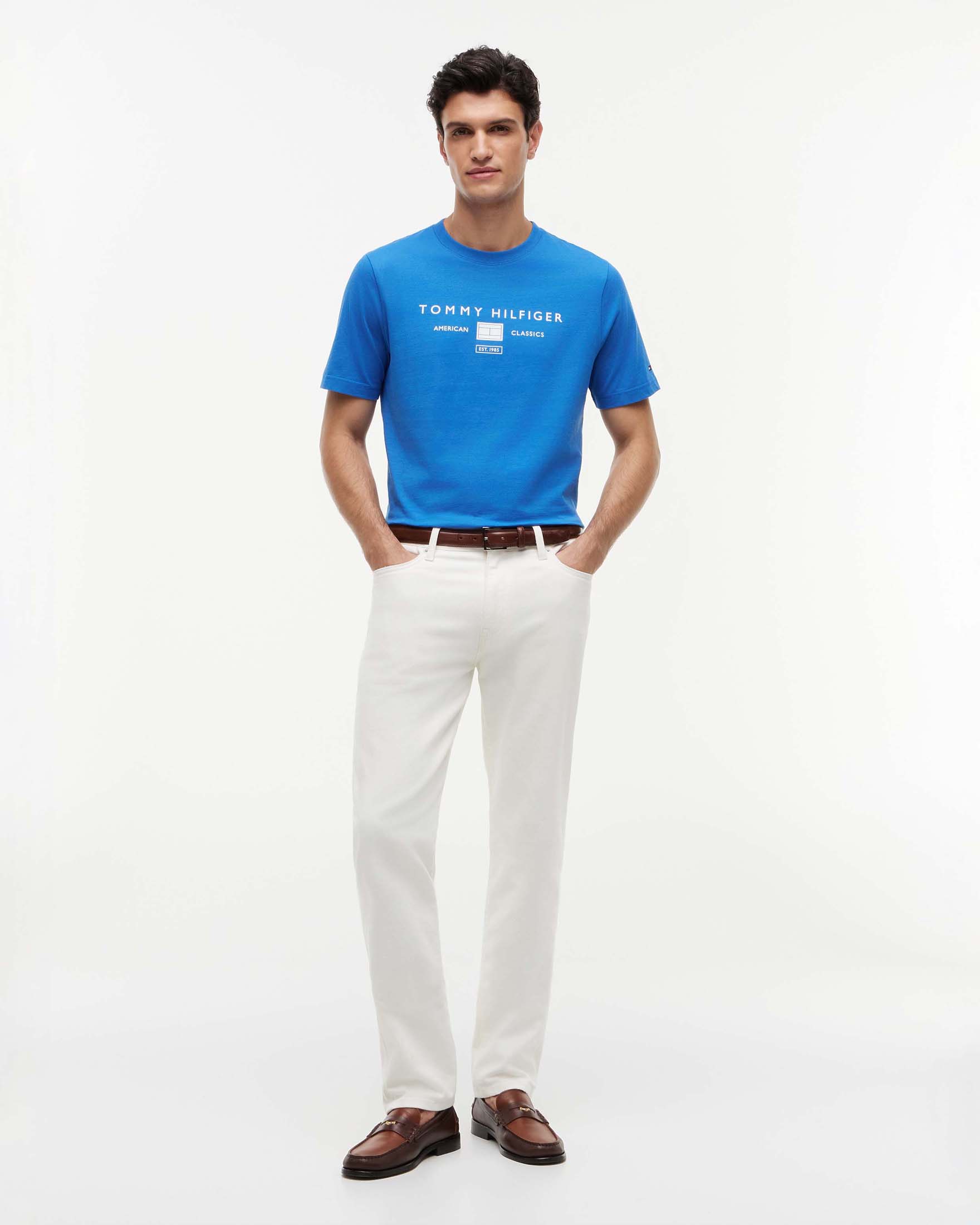 T-shirt mezza manica celeste in cotone con stampa logo sul petto