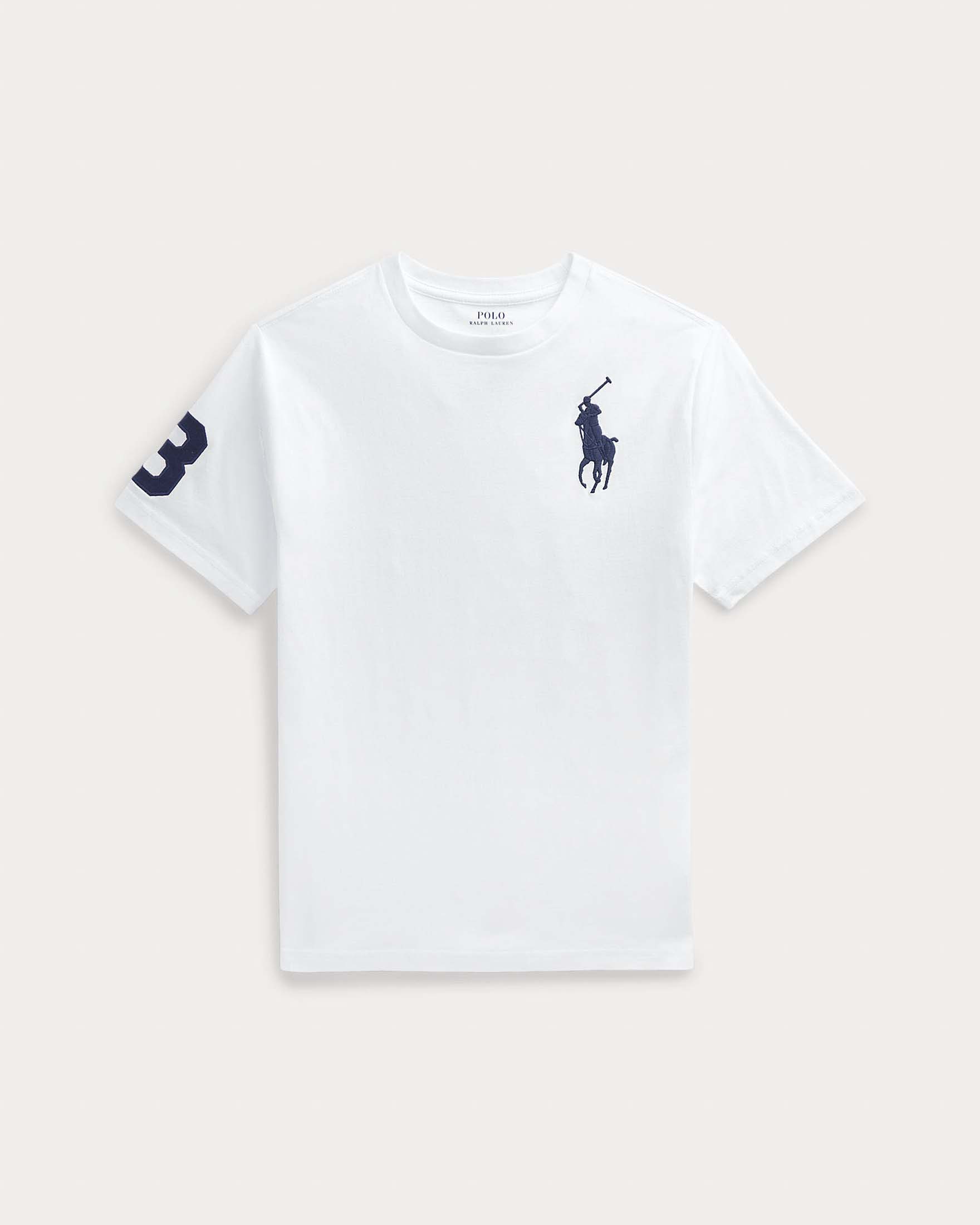 T-shirt Polo Ralph Lauren bianca girocollo con maxi logo pony e numero sulla manica blu