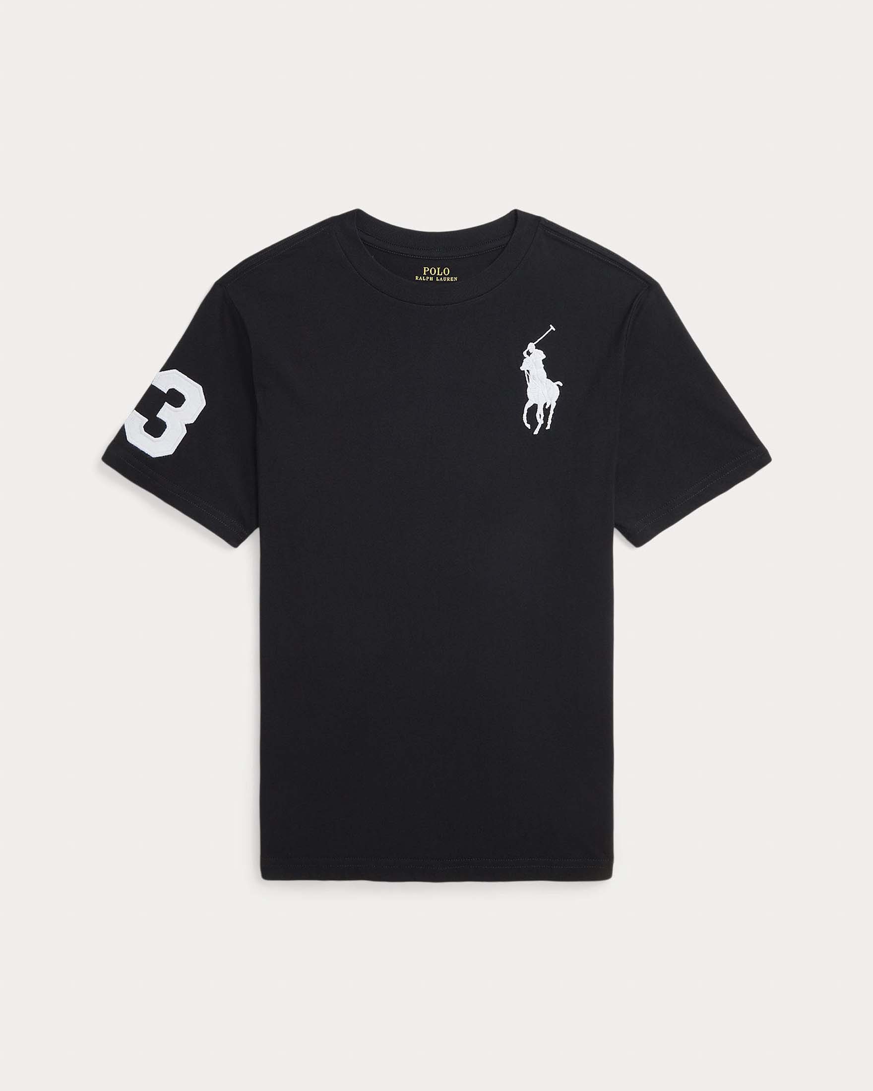 T-shirt Polo Ralph Lauren nero girocollo con maxi logo pony e numero sulla manica bianchi