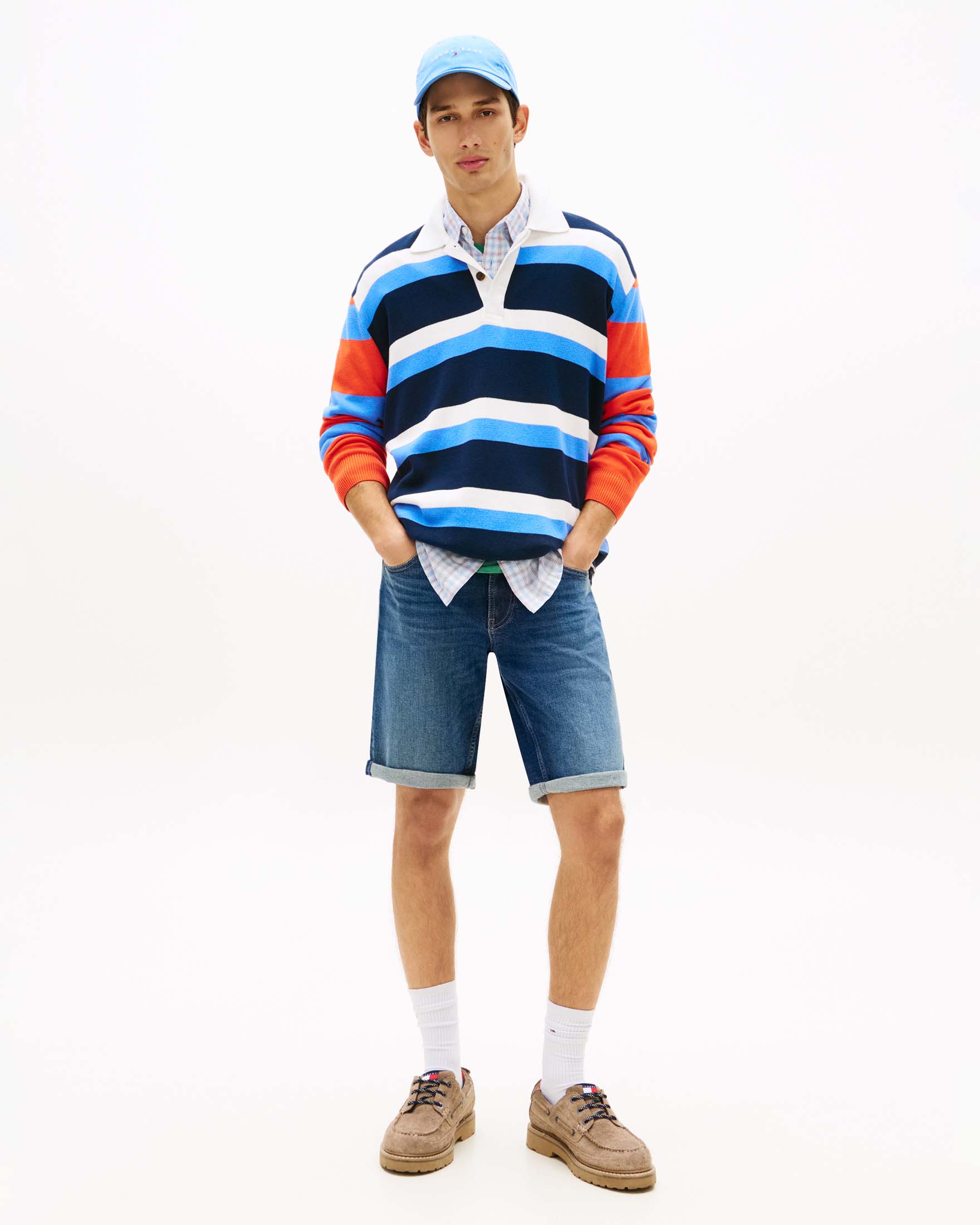 BermudaTommy Jeans blu medio in cotone elasticizzato con orlo risvoltato