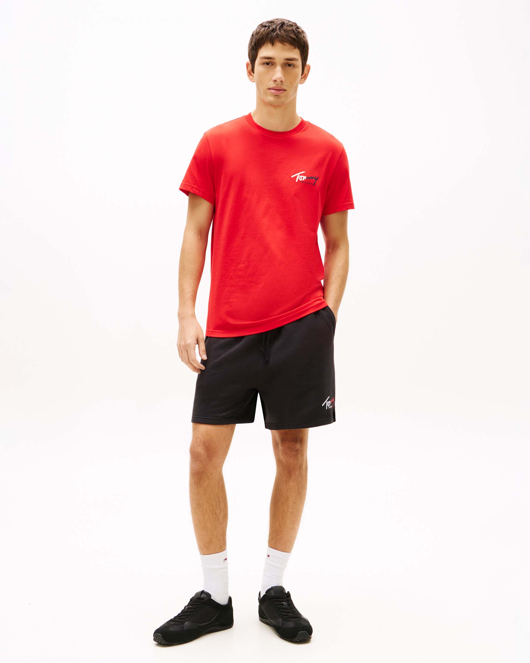 Bermuda Tommy Jeans neri in felpa di cotone con logo stampato