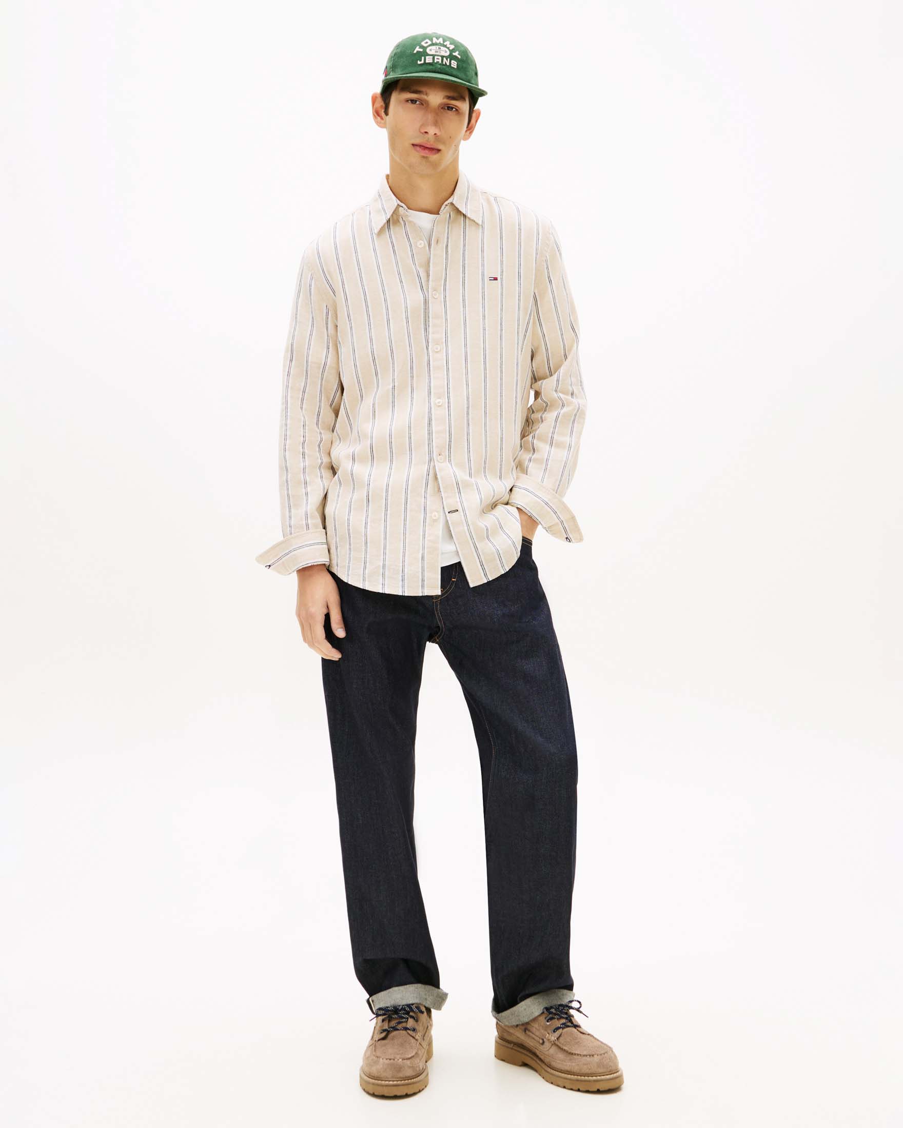 Camicia manica lunga beige a righe in misto lino con logo ricamato