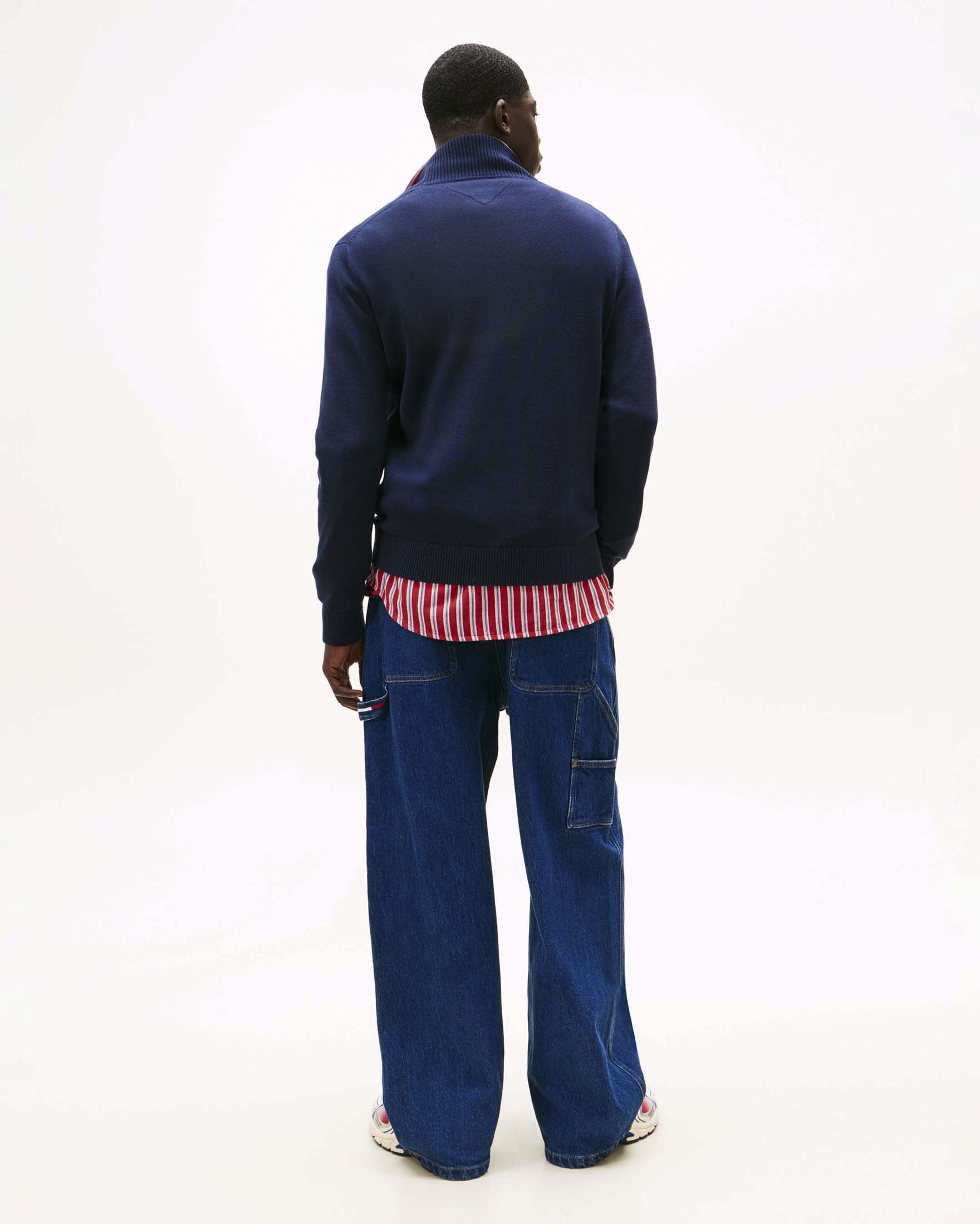 Maglione Tommy Jeans blu scuro in cotone con mezza zip e logo ricamato