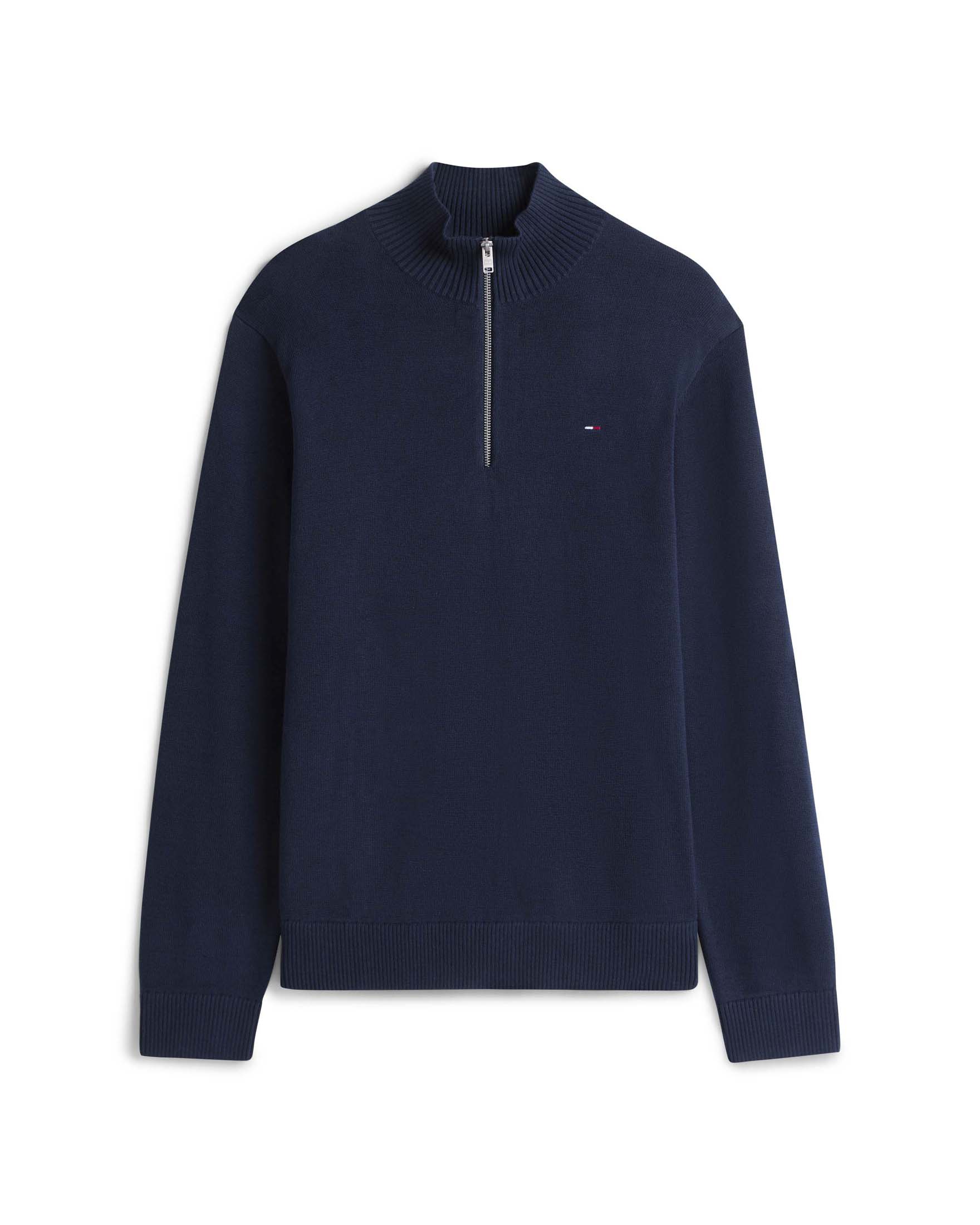 Maglione Tommy Jeans blu scuro in cotone con mezza zip e logo ricamato
