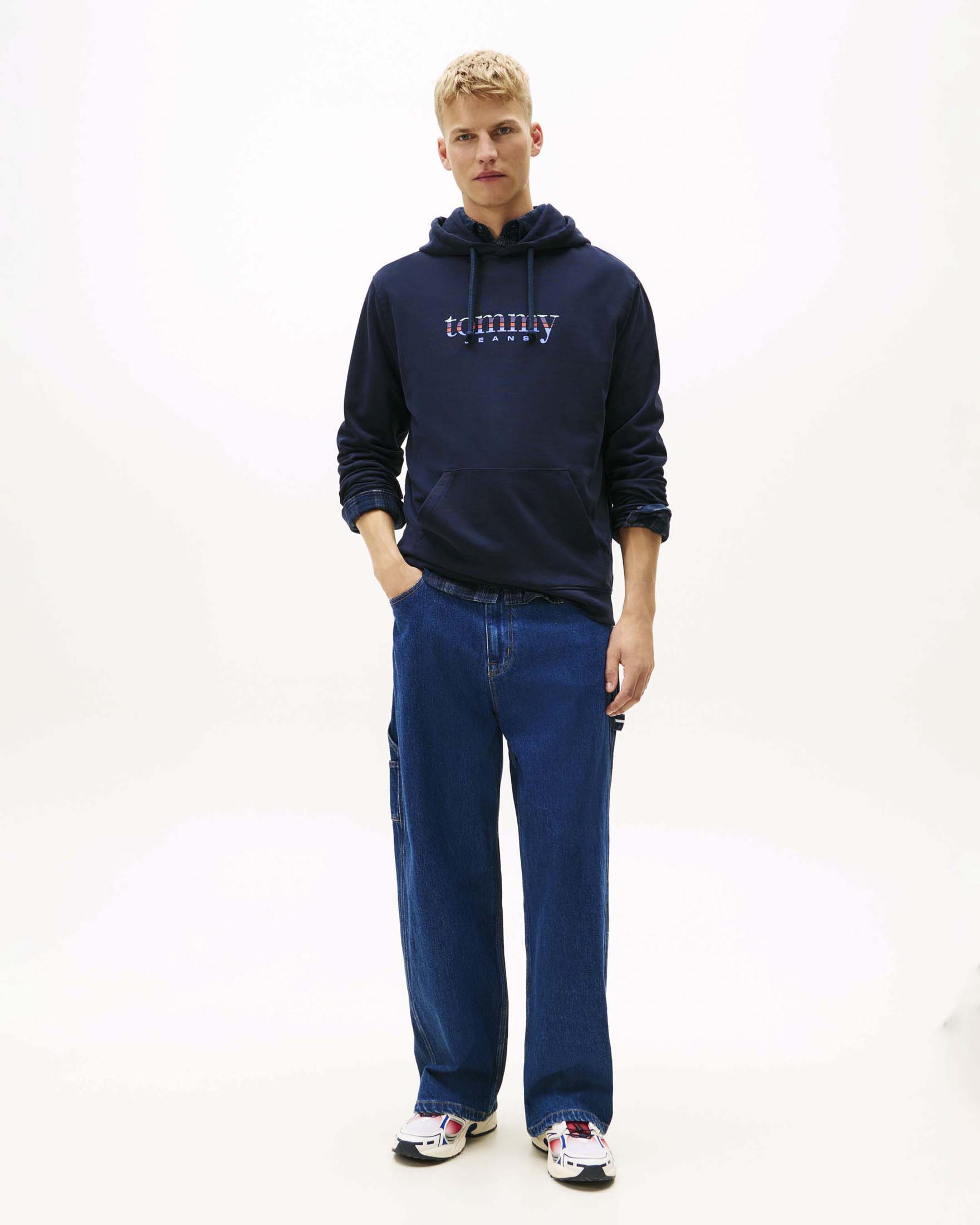 Felpa con cappuccio Tommy Jeans blu scuro in cotone con logo stampato multicolore