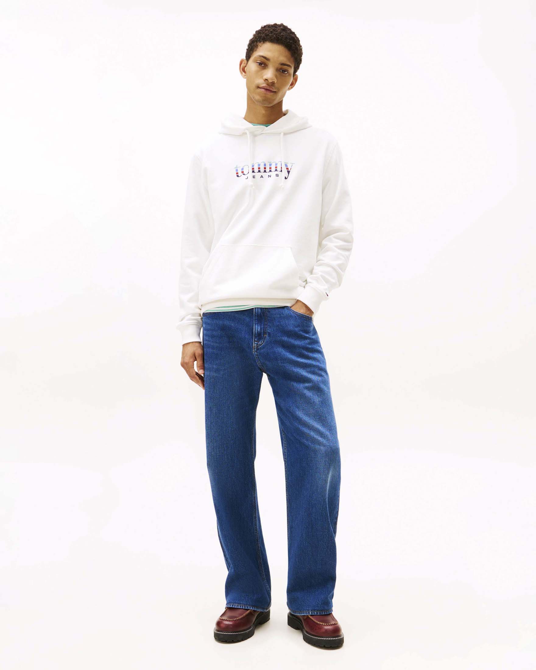 Felpa con cappuccio Tommy Jeans bianca in cotone con logo stampato multicolore