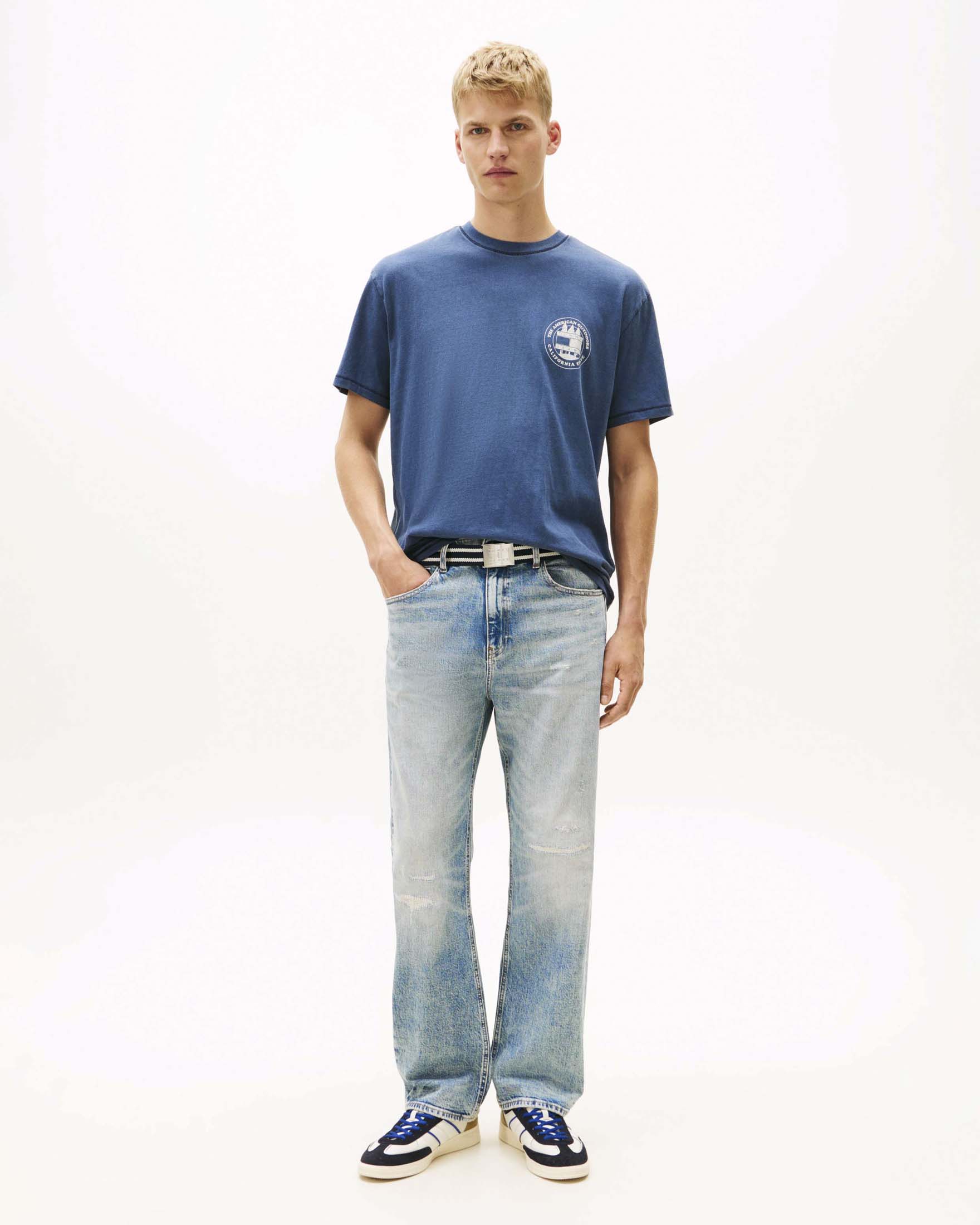 T-shirt mezza manica blu indaco con stampa logo outdoor e cotone neppy slub