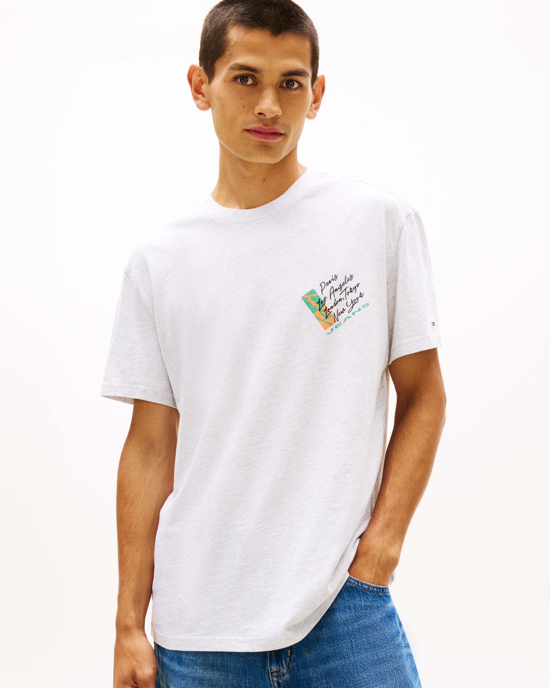 T-shirt mezza manica Tommy Jeans grigia in cotone con stampa logo multicolore image