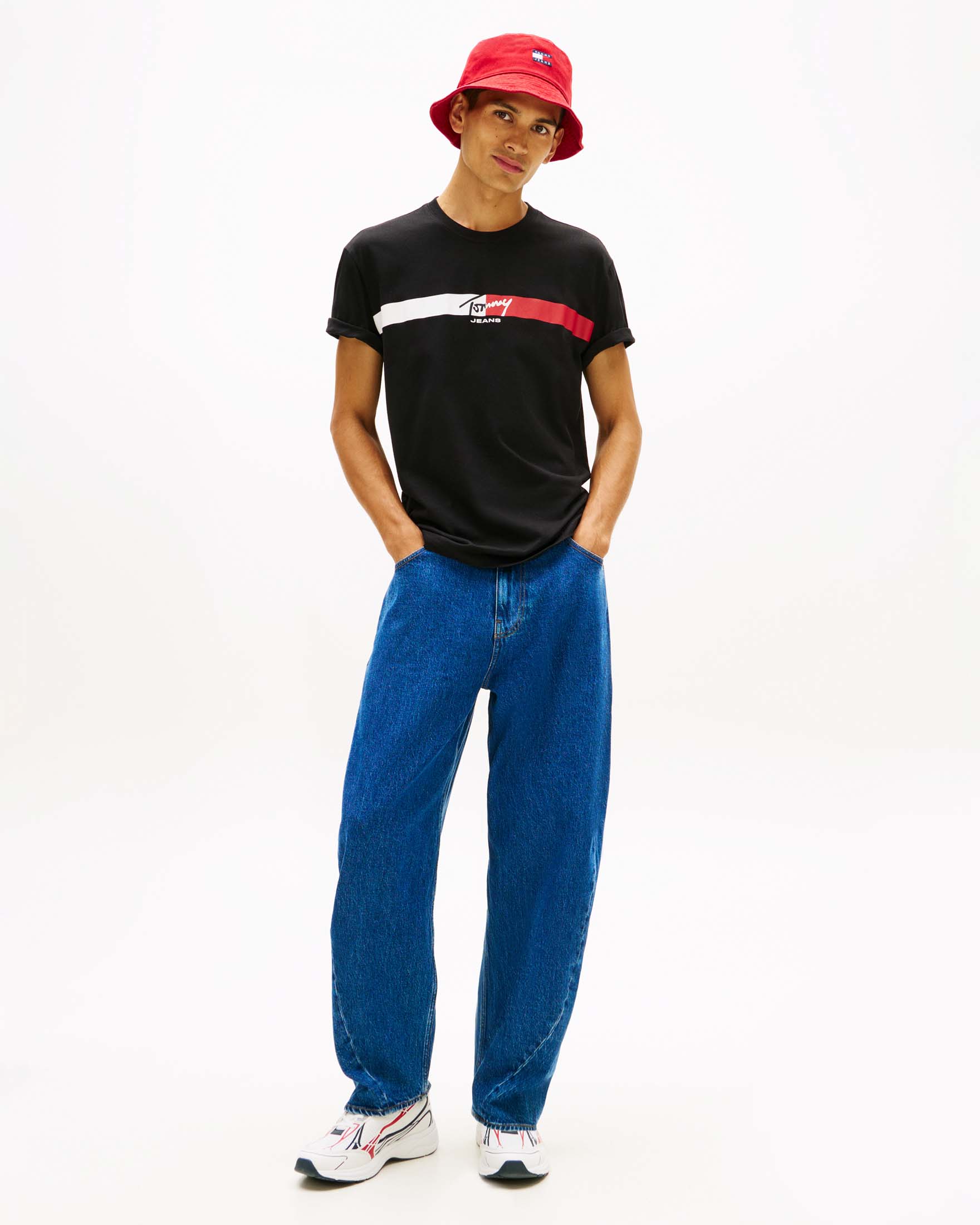 T-shirt mezza manica nera in cotone con fascia bicolore e stampa logo sul petto