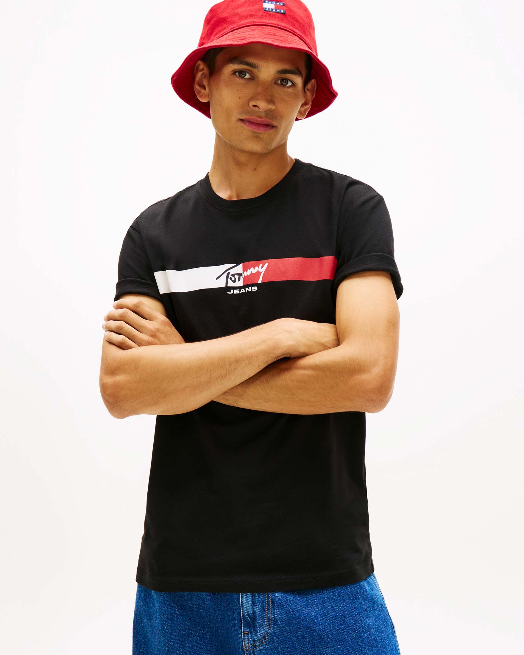 T-shirt mezza manica Tommy Jeans nera in cotone con fascia bicolore e stampa logo sul petto image